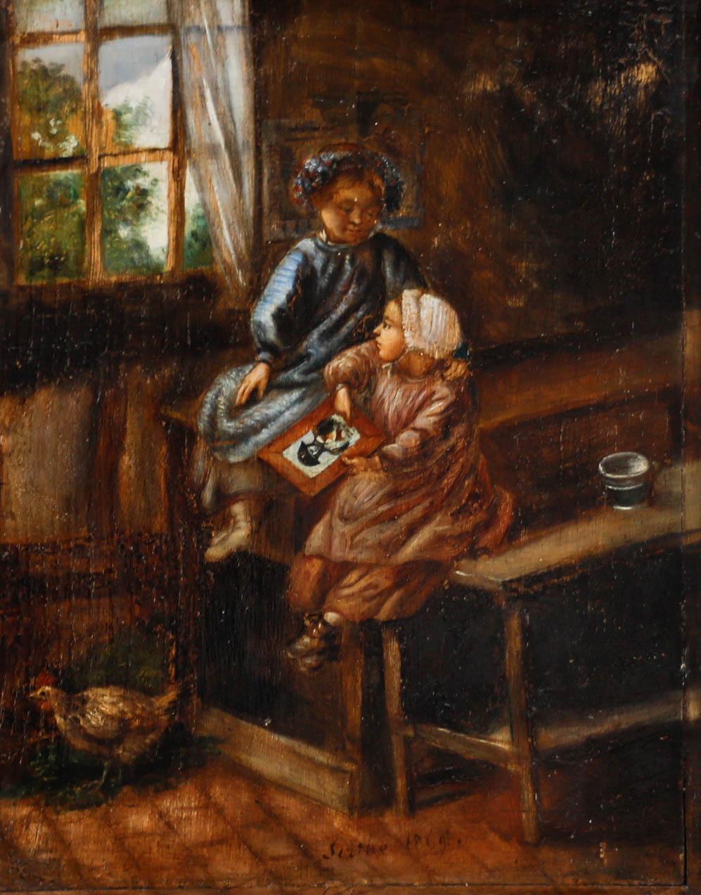 Gerahmtes Öl aus der Mitte des 19. Jahrhunderts - Zwei Kinder in einem Interieur – Painting von Unknown