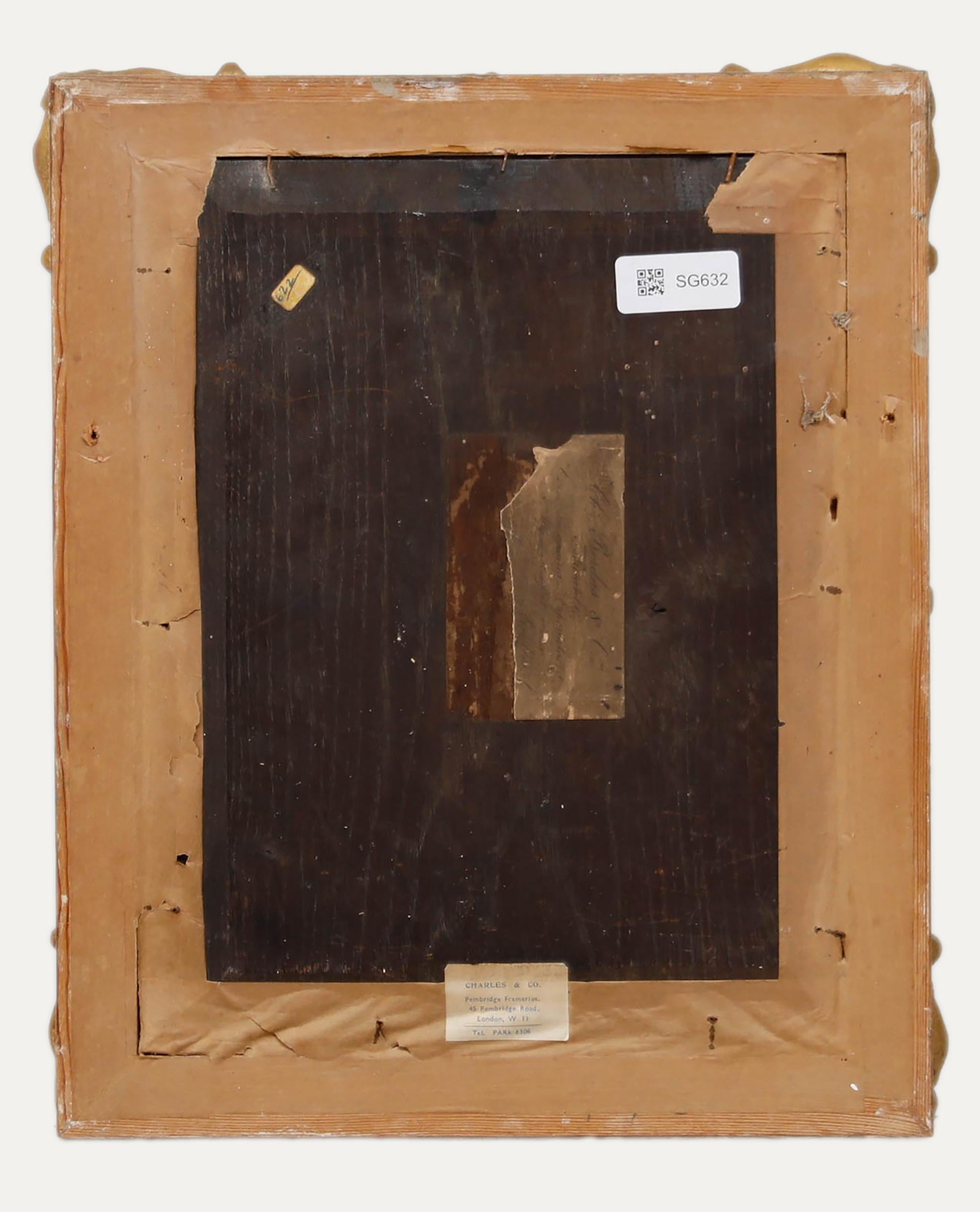 Gerahmtes Öl aus der Mitte des 19. Jahrhunderts - Zwei Kinder in einem Interieur (Beige), Portrait Painting, von Unknown