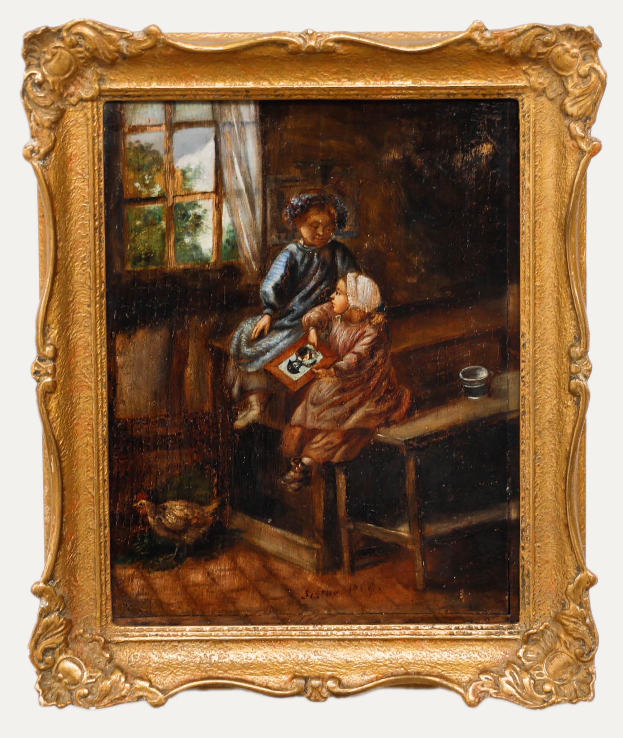 Unknown Portrait Painting – Gerahmtes Öl aus der Mitte des 19. Jahrhunderts - Zwei Kinder in einem Interieur