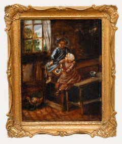Huile du milieu du 19e siècle - Deux enfants dans un intérieur