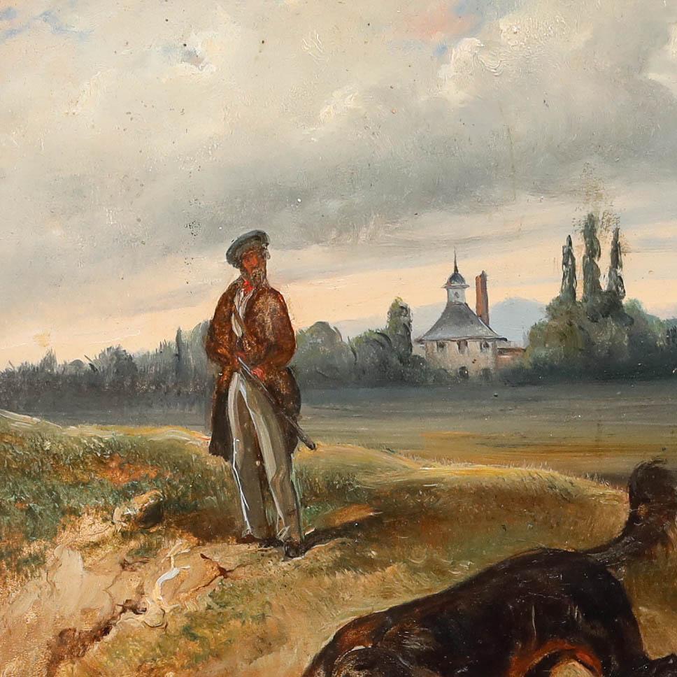 Framed Mid 19th Century Oil - Walking Guns - Brown Landscape Painting by Unknown