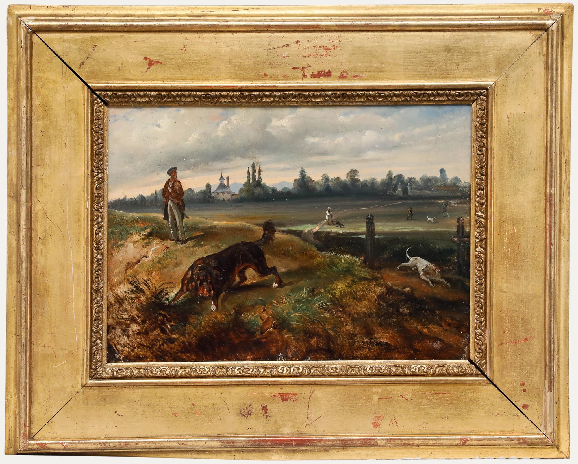 Unknown Landscape Painting - Framed Mid 19th Century Oil - Walking Guns