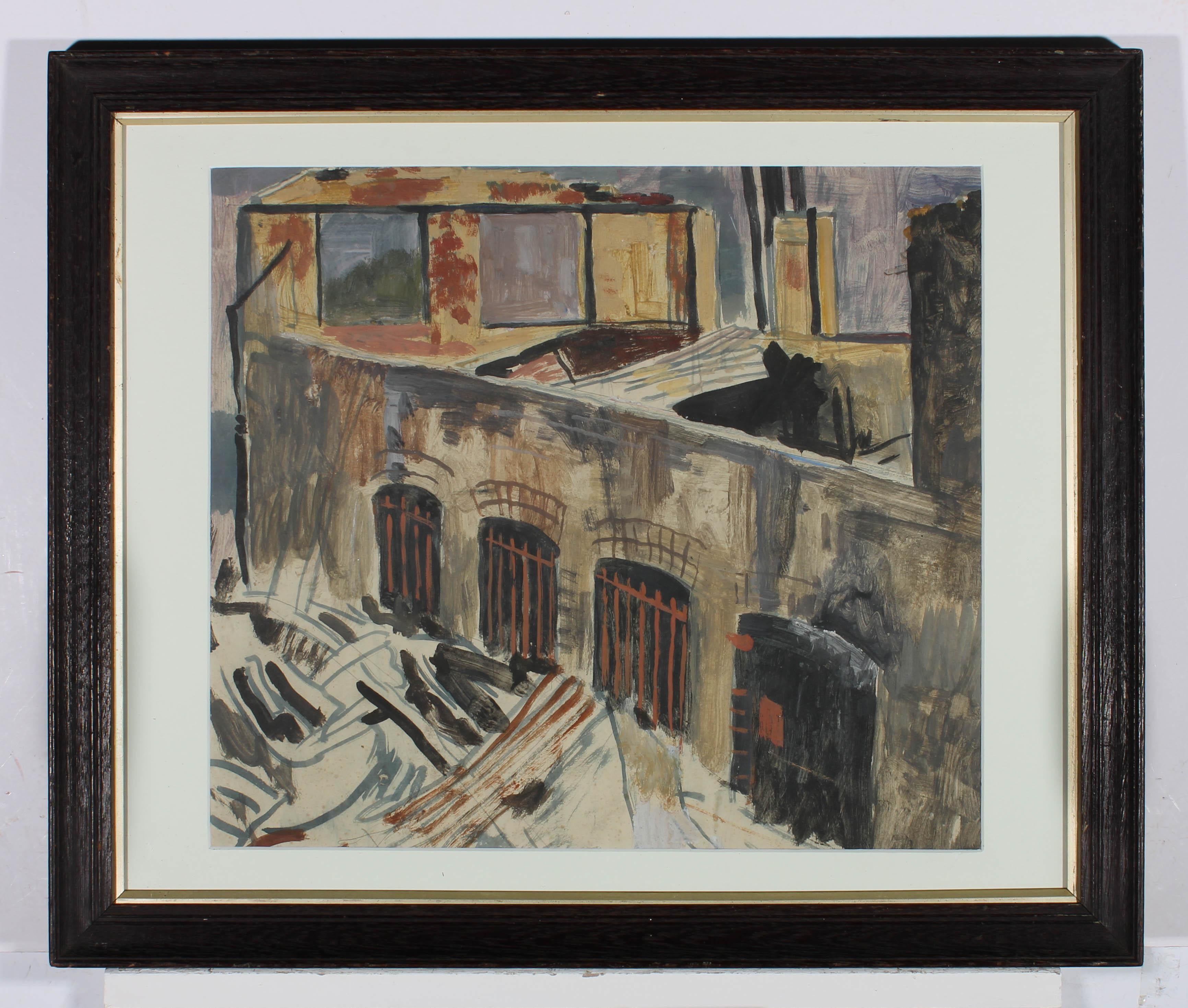 An impressionistic architectural composition depicting three Iron barred waterway tunnels, running under an old warehouse building. Unsigned. The painting is well presented in a fine dark wood frame, with a slim gilt slip and white card mount.