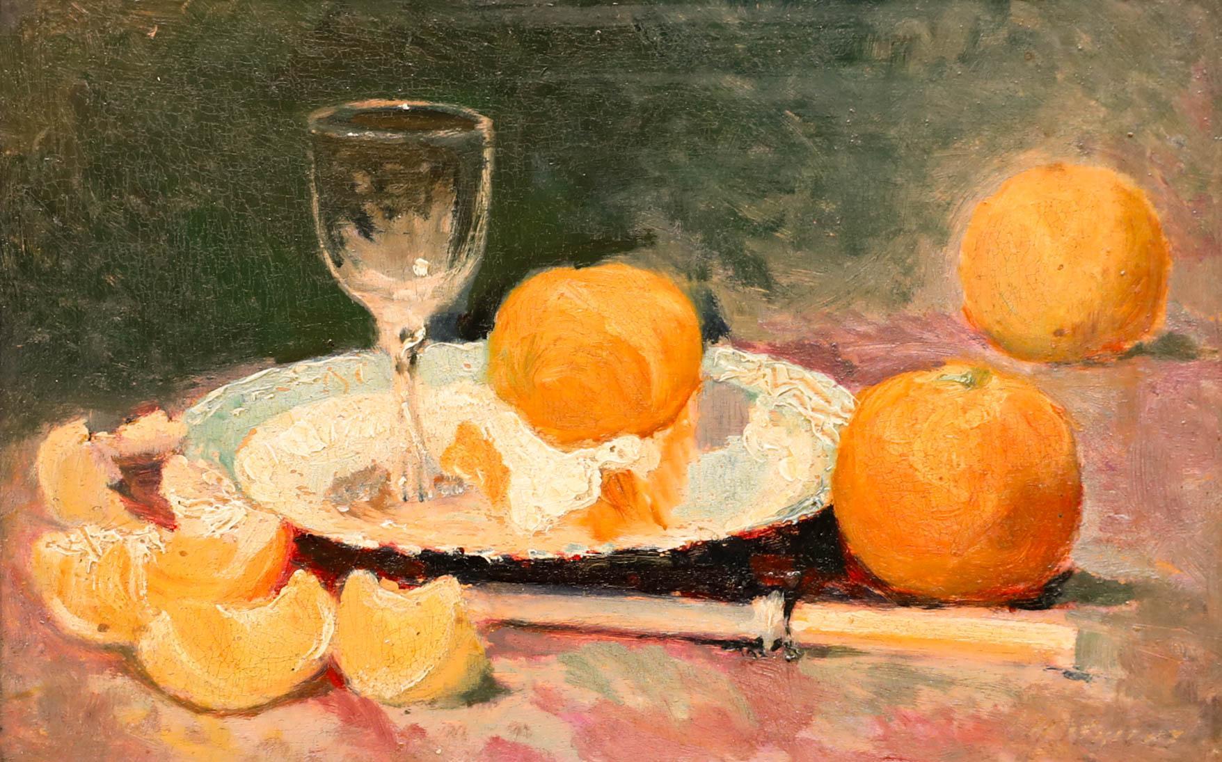 Framed Mid 20th Century Oil - A Crystal Wine Glass & Mandarins - Painting by Unknown