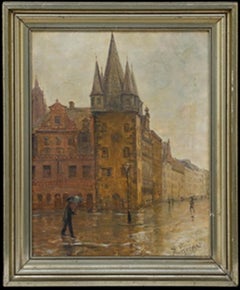 Framed Mid 20th Century Oil - A Rainy Day in Frankfurt