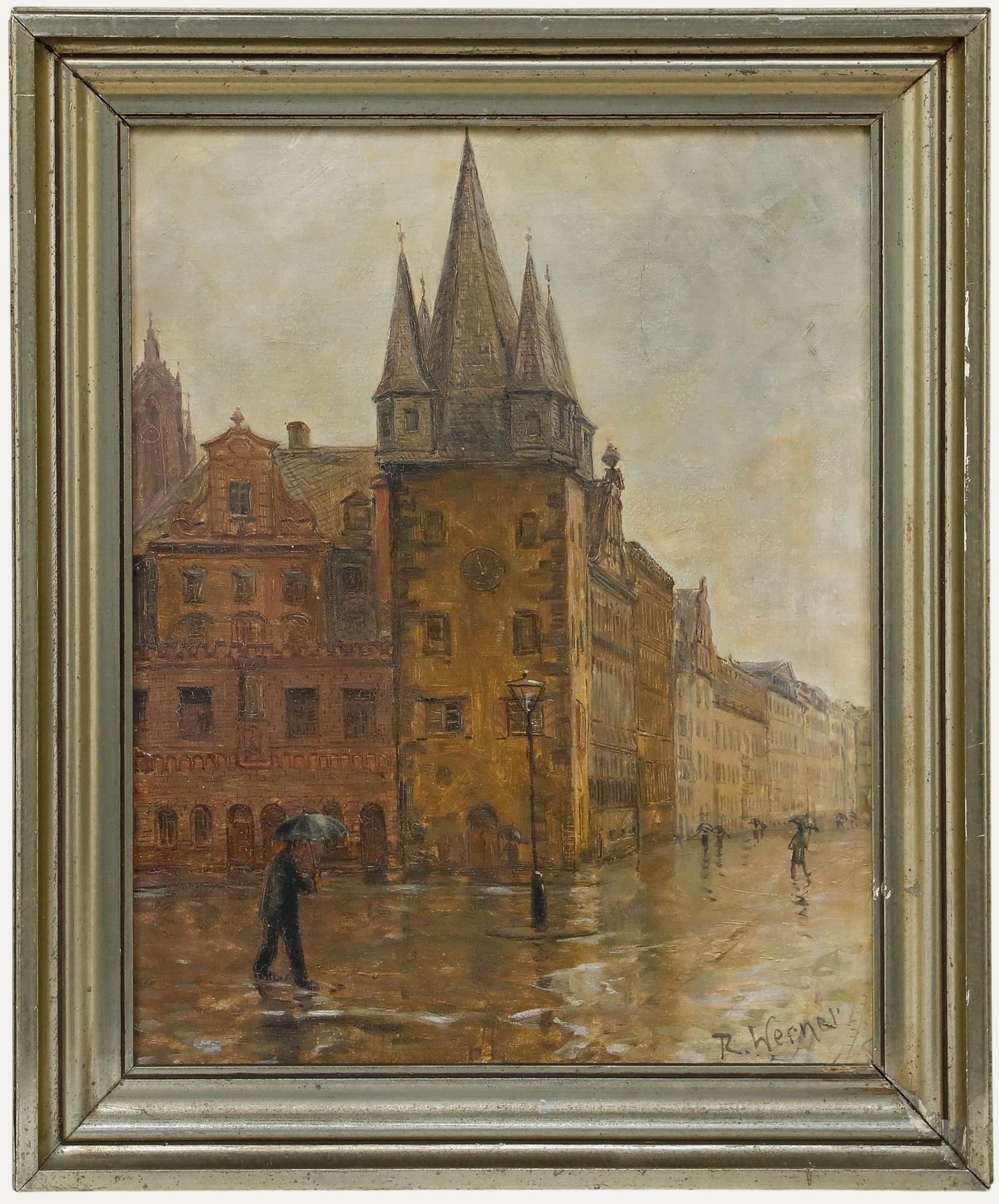 Unknown Landscape Painting - Framed Mid 20th Century Oil - A Rainy Day in Frankfurt