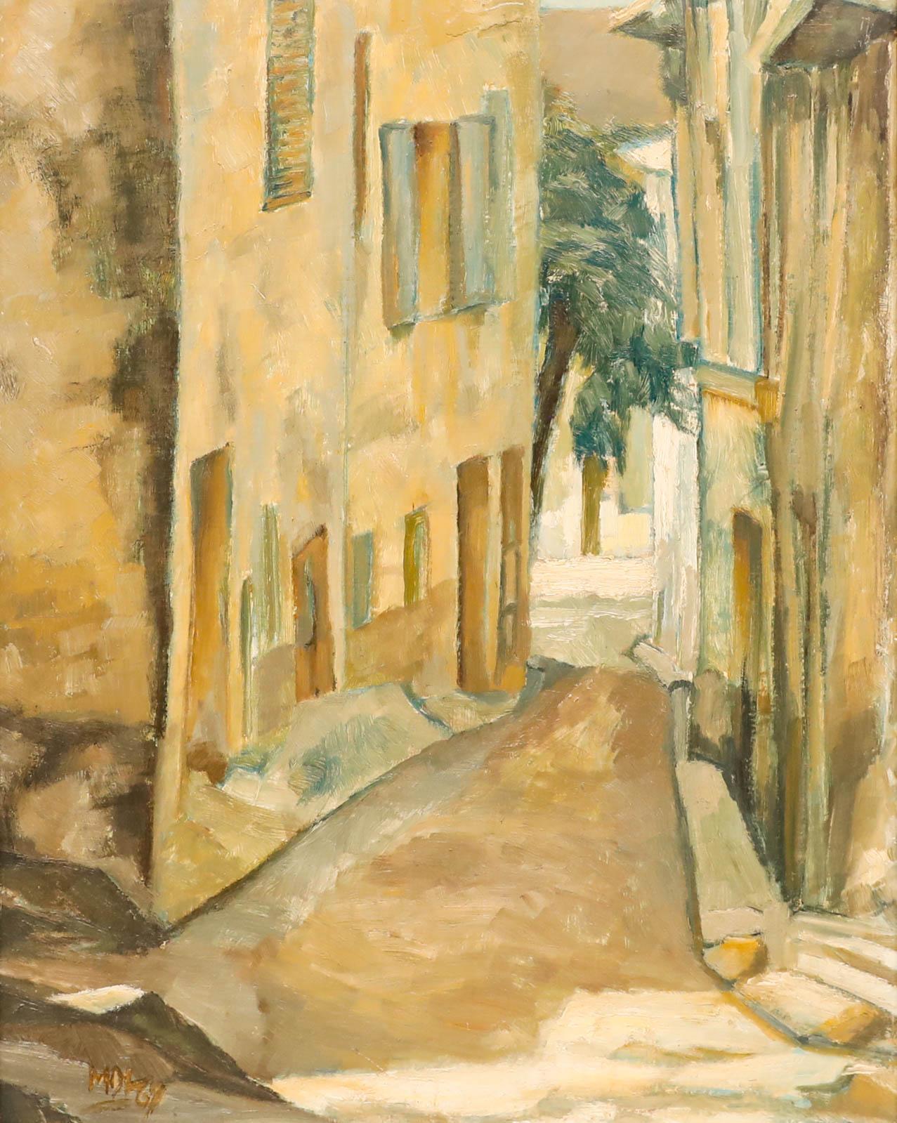 Olio della metà del XX secolo con cornice - Una strada a Le Castellet - Painting di Unknown