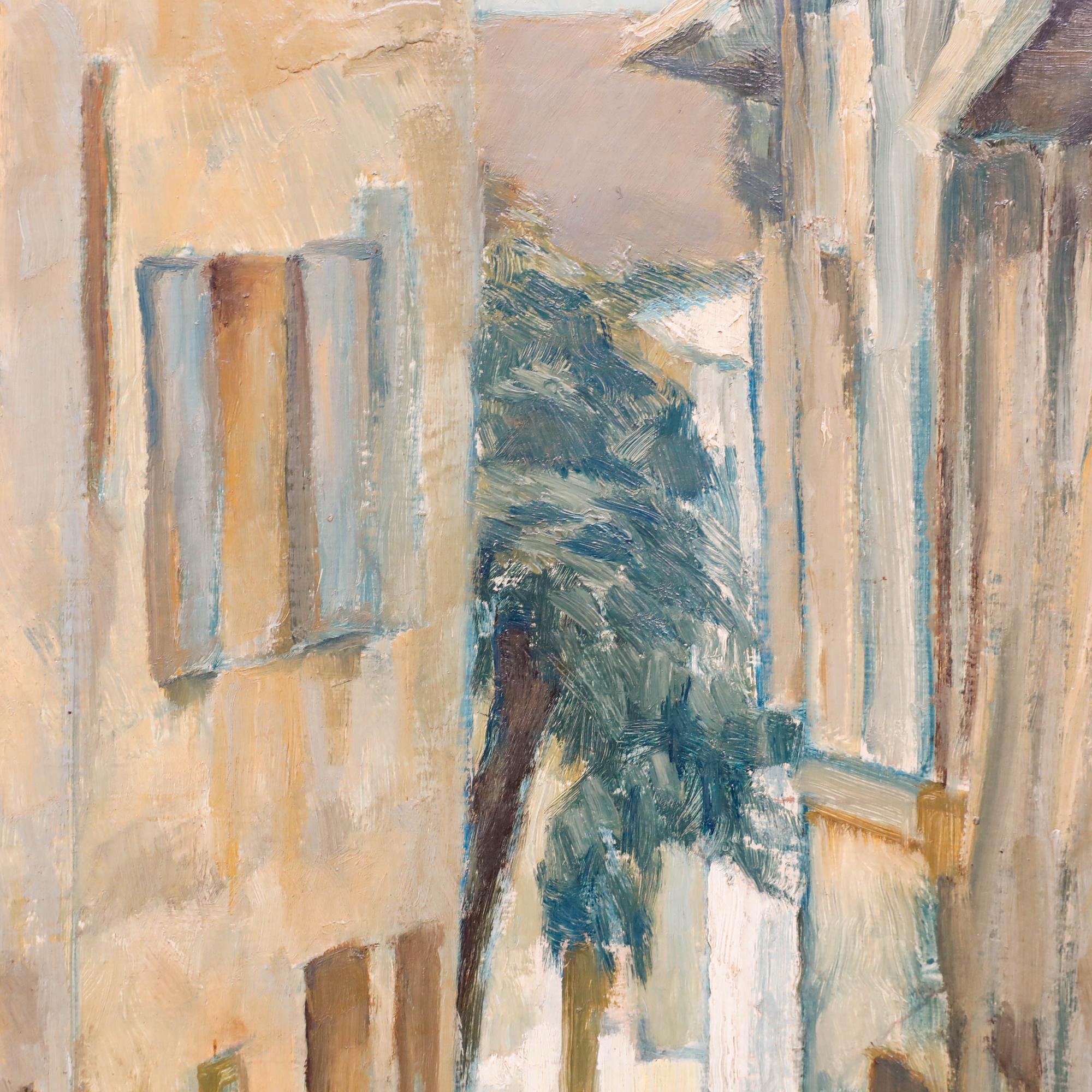 Un'espressiva scena di strada a Le Castellet, olio su tavola. Firmato con le iniziali in basso a sinistra e datato '69. Presentato in una cornice complementare di colore verde e dorato. Inscritto al titolo e firmato sul retro. A bordo. 