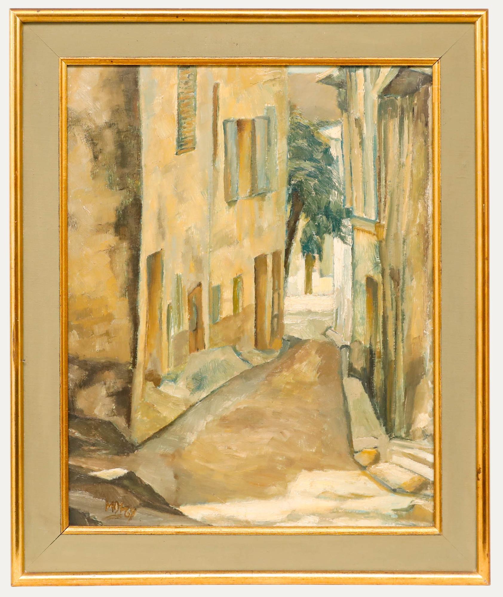 Landscape Painting di Unknown - Olio della metà del XX secolo con cornice - Una strada a Le Castellet