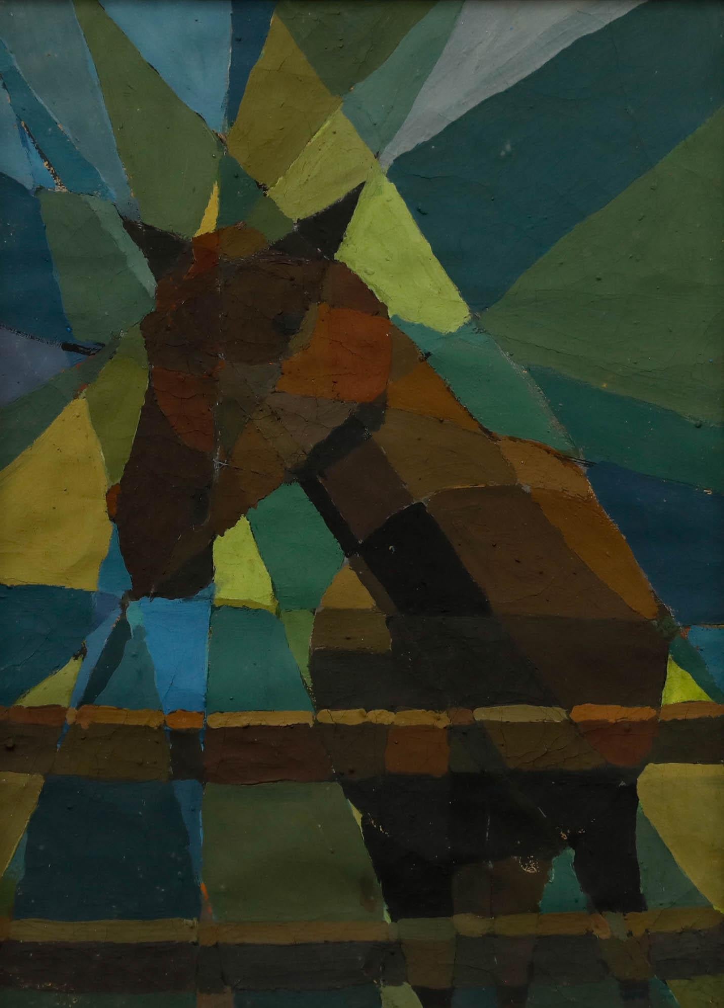 Olio della metà del XX secolo incorniciato - Cavallo astratto - Painting di Unknown