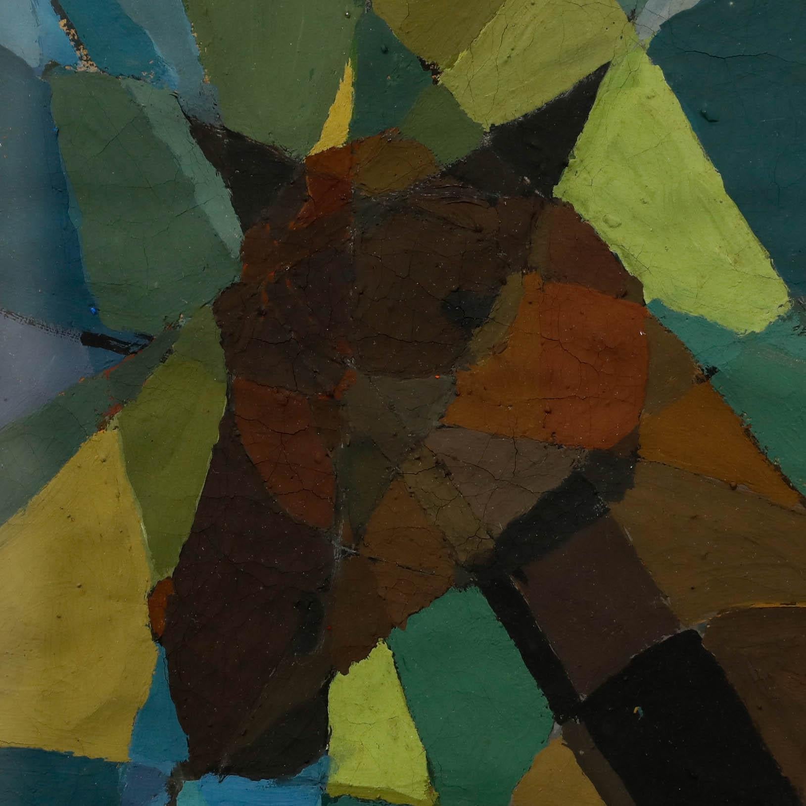 Un mosaico di forme spigolose e toni terrosi compone questo dipinto di ispirazione cubista raffigurante un cavallo. Senza segno. Presentato in una cornice bianca in stile vassoio. Sulla carta.