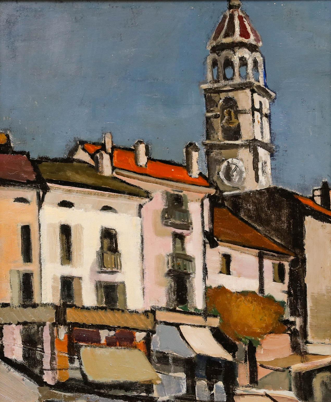 Framed Mid 20th Century Oil - Ascona Old Town & Clock Tower - Painting by Unknown