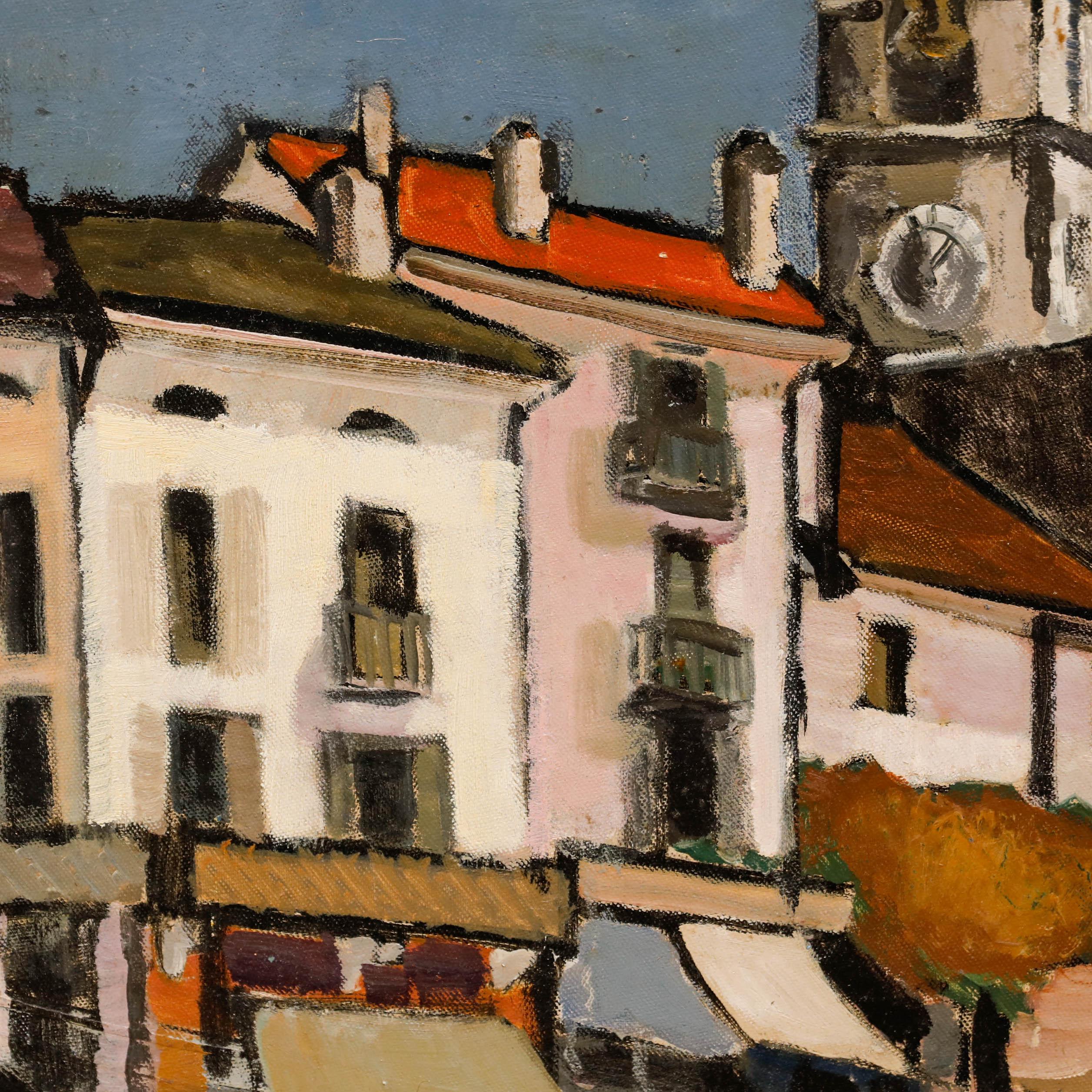A striking depiction of Ascona with its colourful Swiss houses and historic clock tower. Presented in a gilt frame. Unsigned. On canvas board.