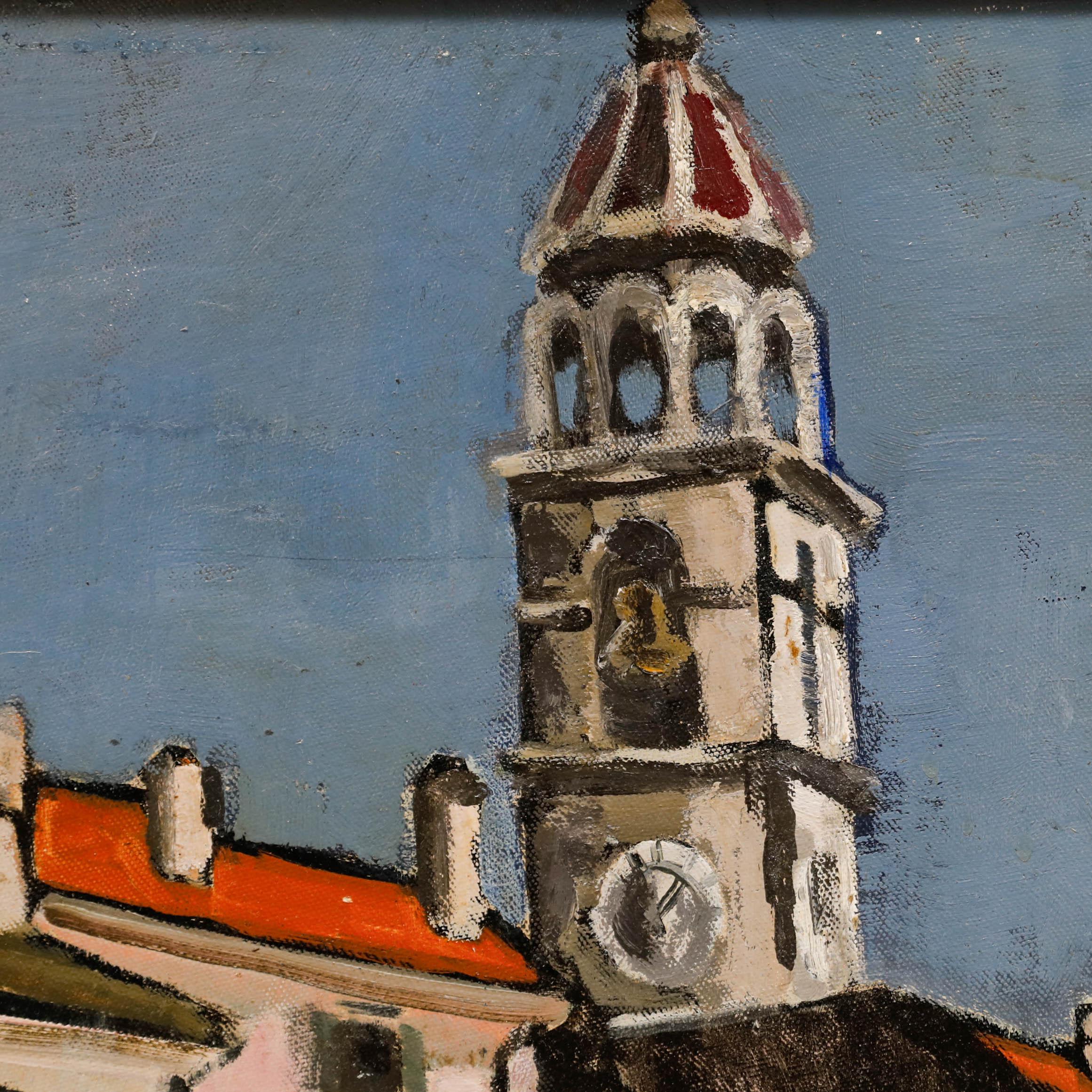 Framed Mid 20th Century Oil - Ascona Old Town & Clock Tower For Sale 1