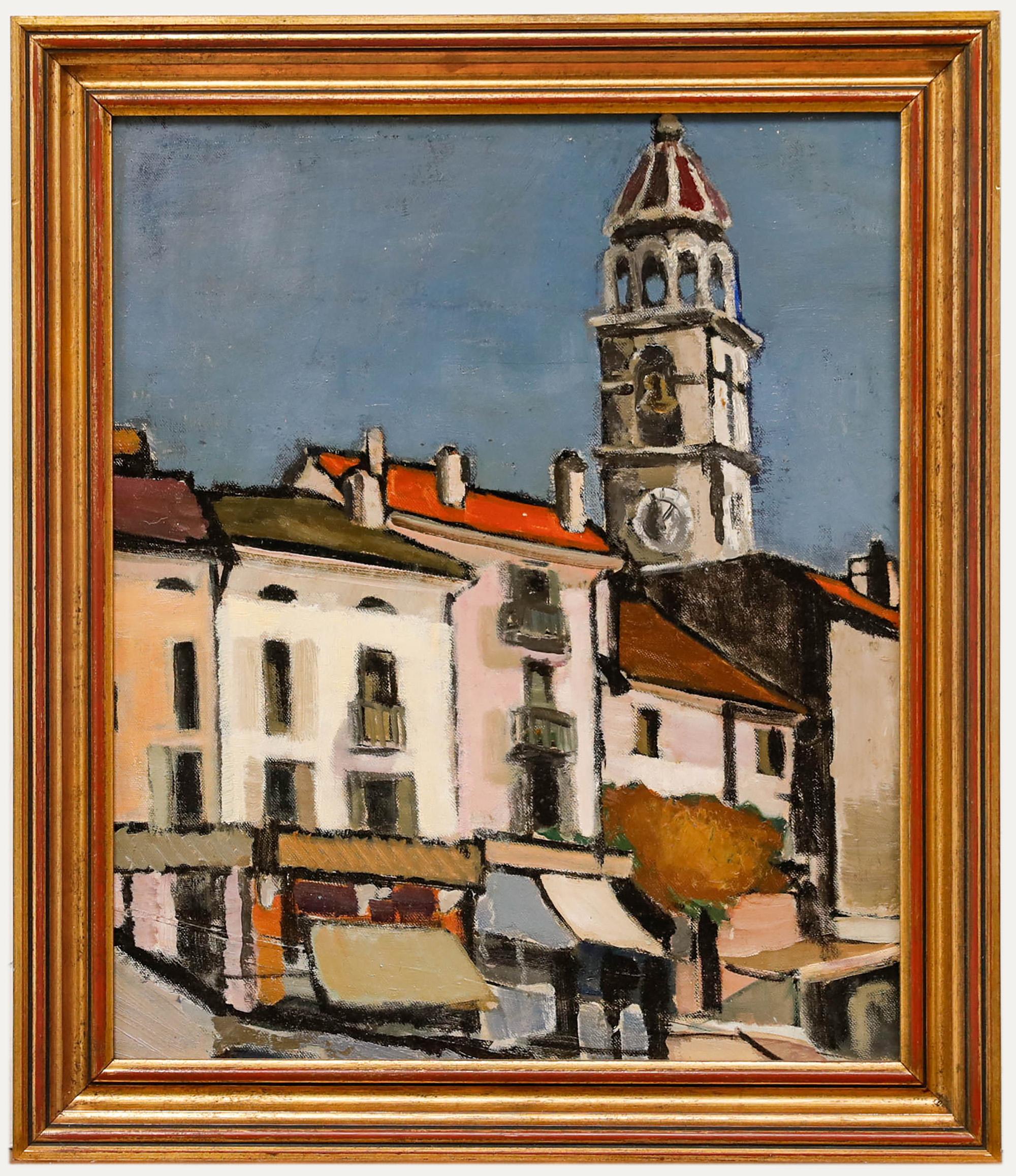 Unknown Landscape Painting - Framed Mid 20th Century Oil - Ascona Old Town & Clock Tower