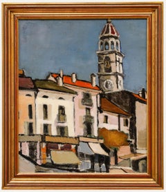 Framed Mid 20th Century Oil - Ascona Old Town & Clock Tower