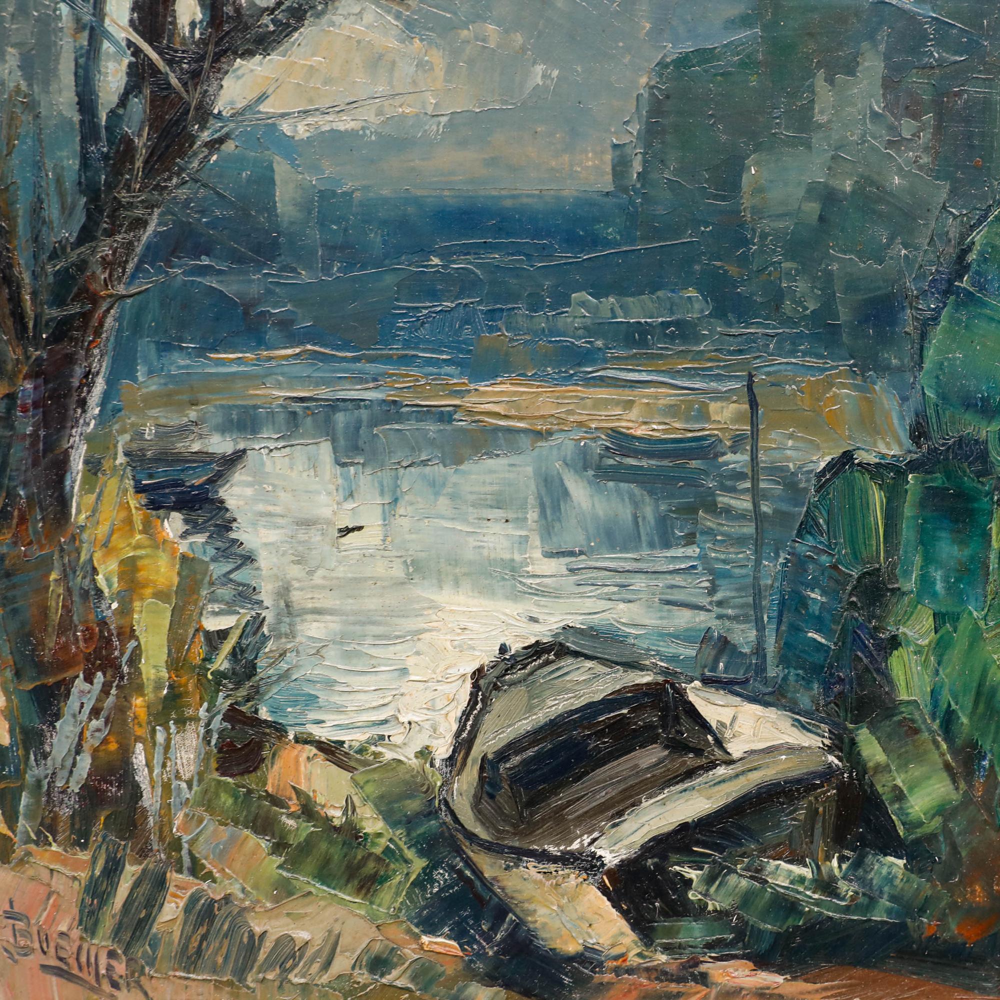 Eine stimmungsvolle impressionistische Landschaft des französischen Künstlers Jacques Buecher, die den Winter an den Ufern der Loire darstellt. Der Künstler hat die Komposition unten links signiert, und das Gemälde wird in einem schwarzen,