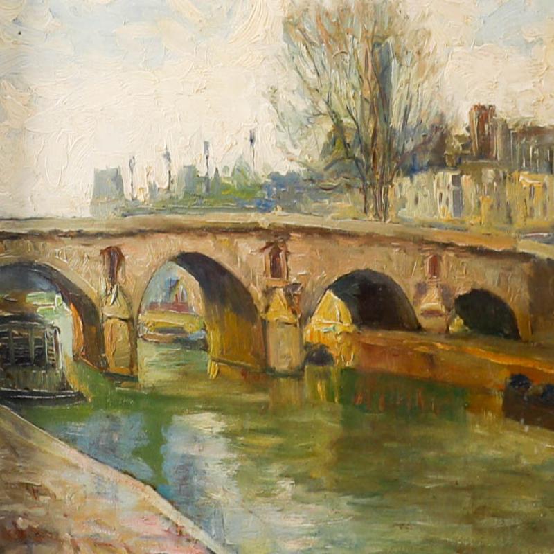 Gerahmtes Öl aus der Mitte des 20. Jahrhunderts - Brücke über die Seine – Painting von Unknown