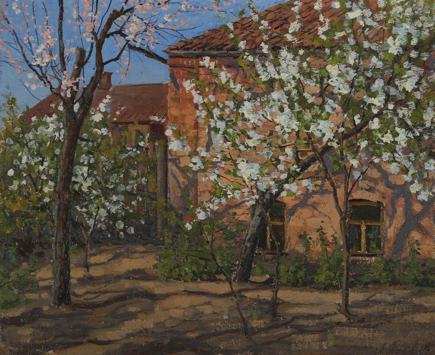 Framed Mid 20th Century Oil - Cherry Trees in Blossom - Painting by Unknown