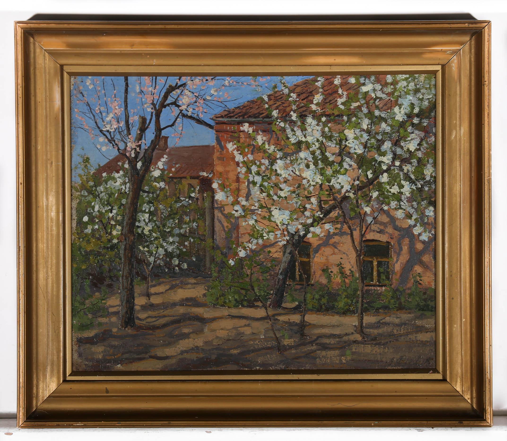 A welcome sign of spring. This wonderful continental scene depicts french farm buildings, mottled by impressive cherry trees in blossom. The artist has painted each delicate bloom in an impasto dabbing motion, generating a joyous sense of movement