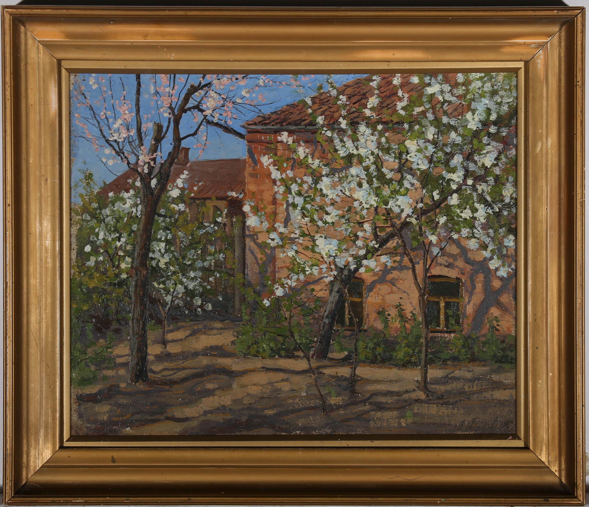 Unknown Landscape Painting - Framed Mid 20th Century Oil - Cherry Trees in Blossom