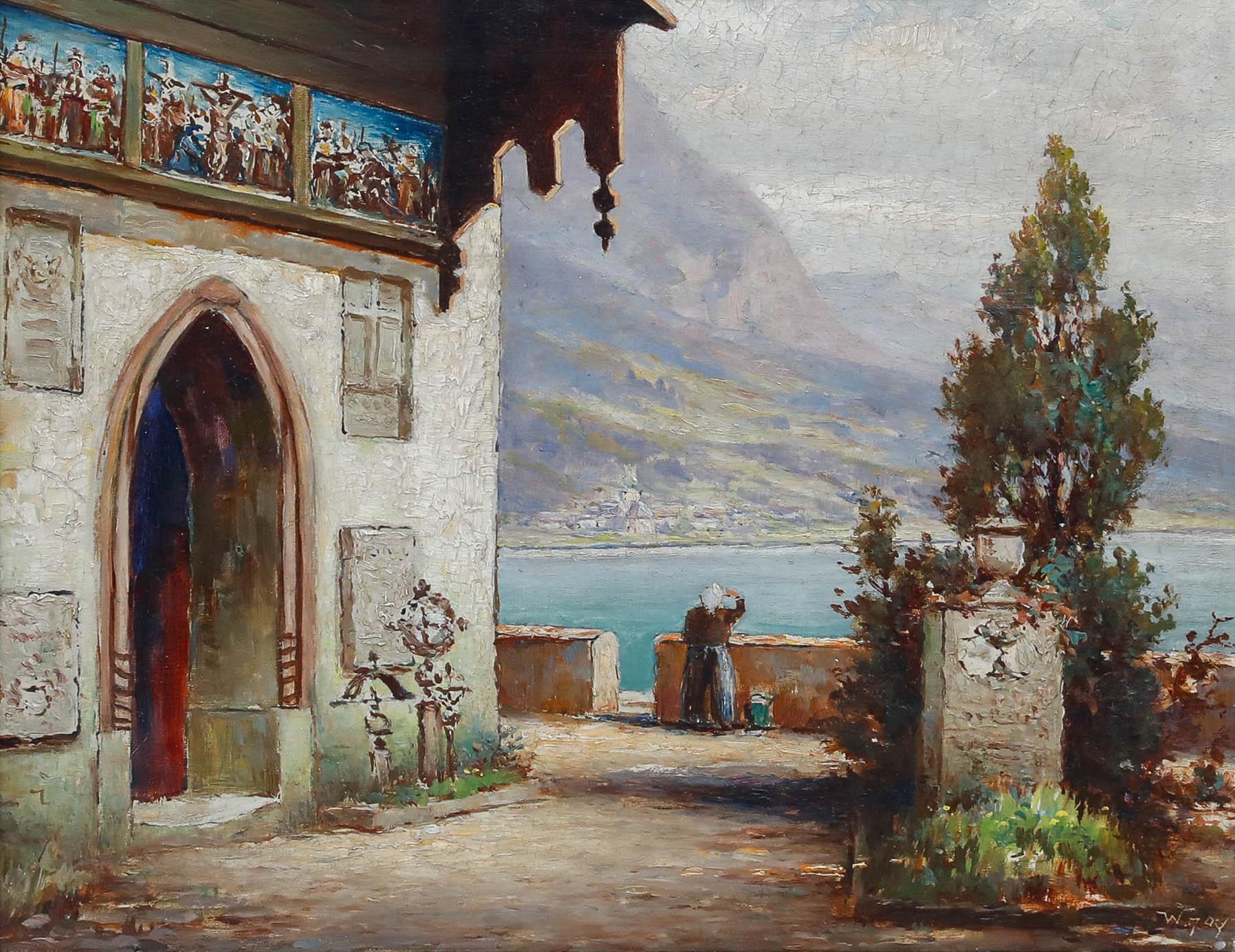 Óleo enmarcado de mediados del siglo XX - Iglesia de Hallstatt - Painting de Unknown