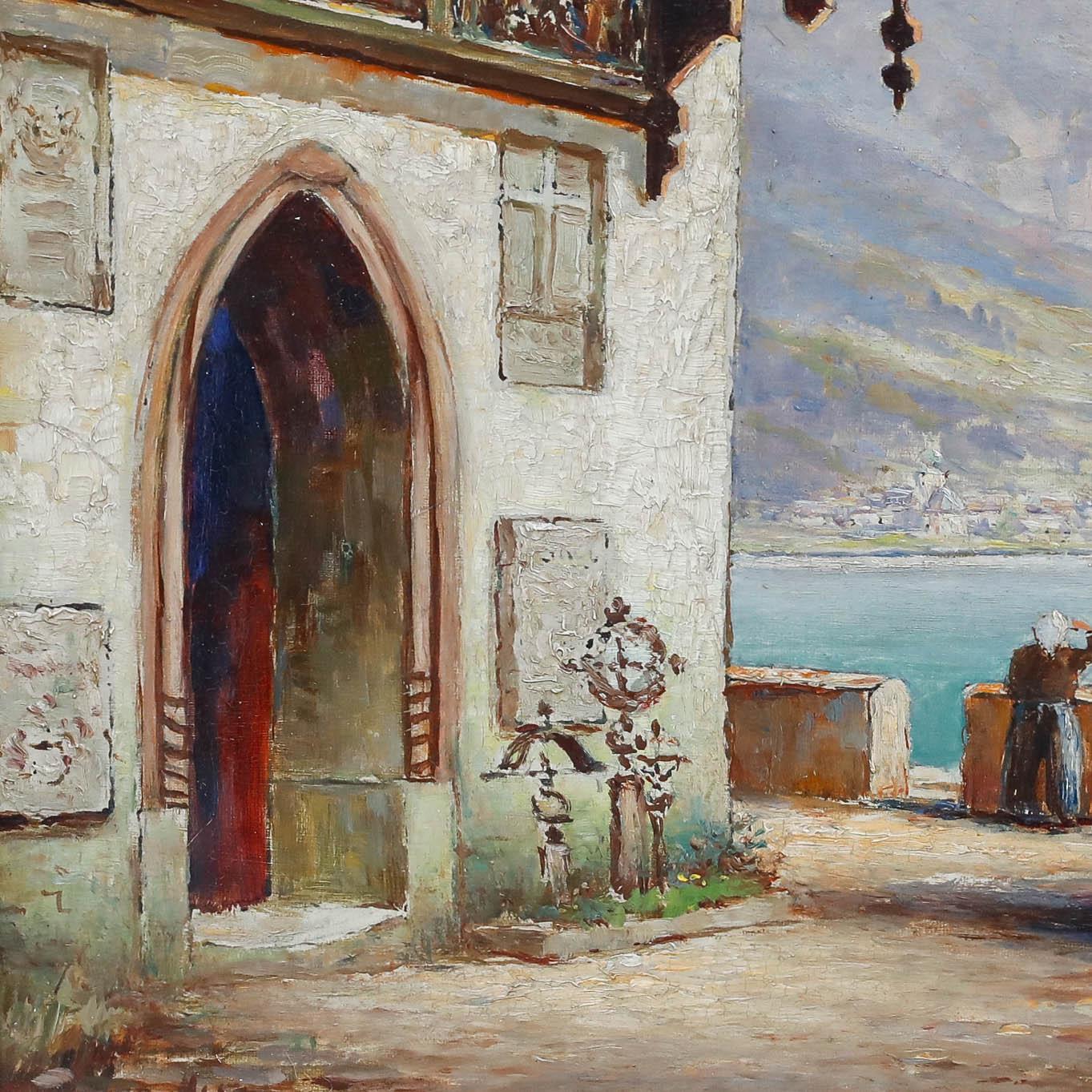 Óleo enmarcado de mediados del siglo XX - Iglesia de Hallstatt - Landscape Painting Marrón de Unknown