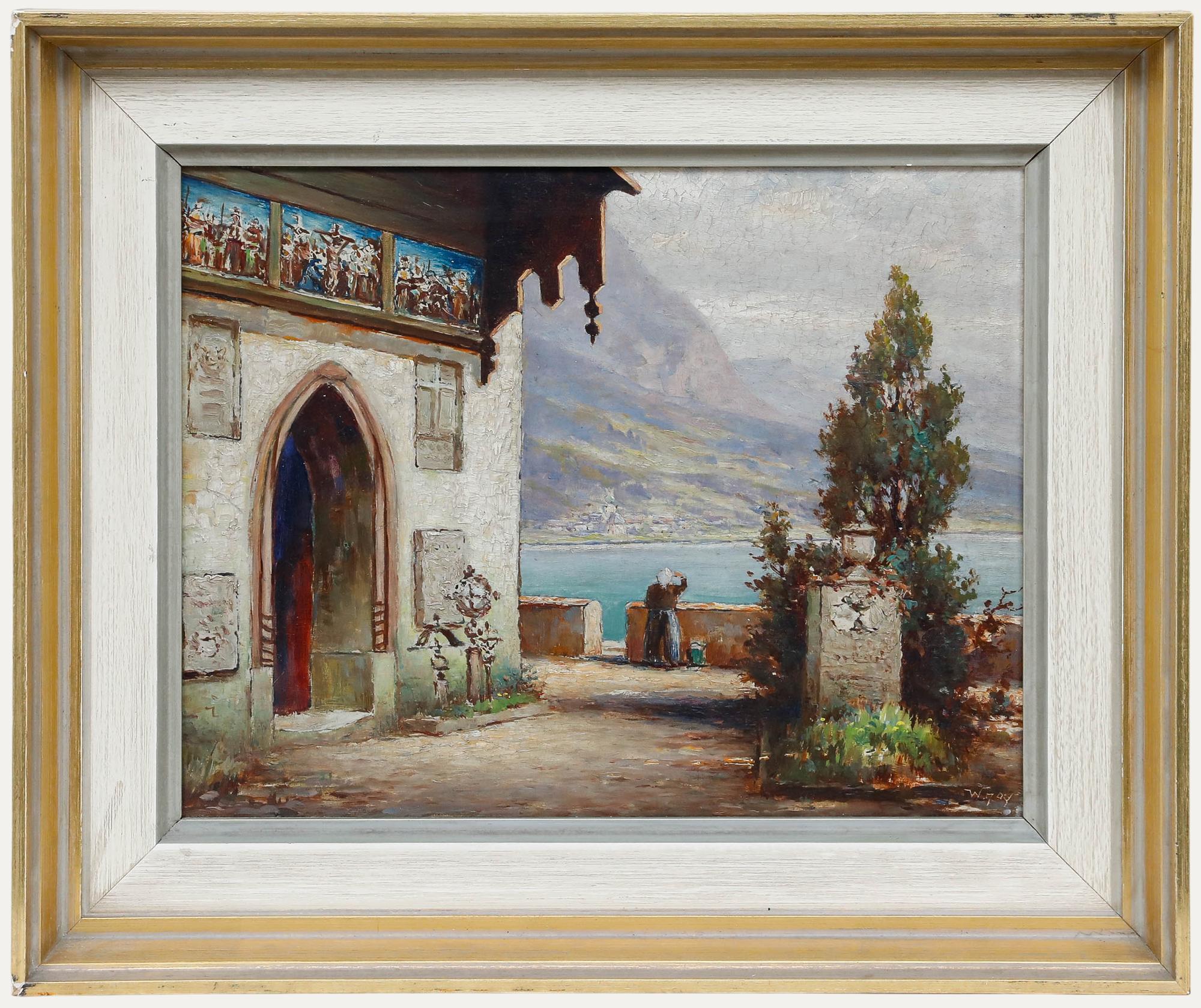 Landscape Painting de Unknown - Óleo enmarcado de mediados del siglo XX - Iglesia de Hallstatt