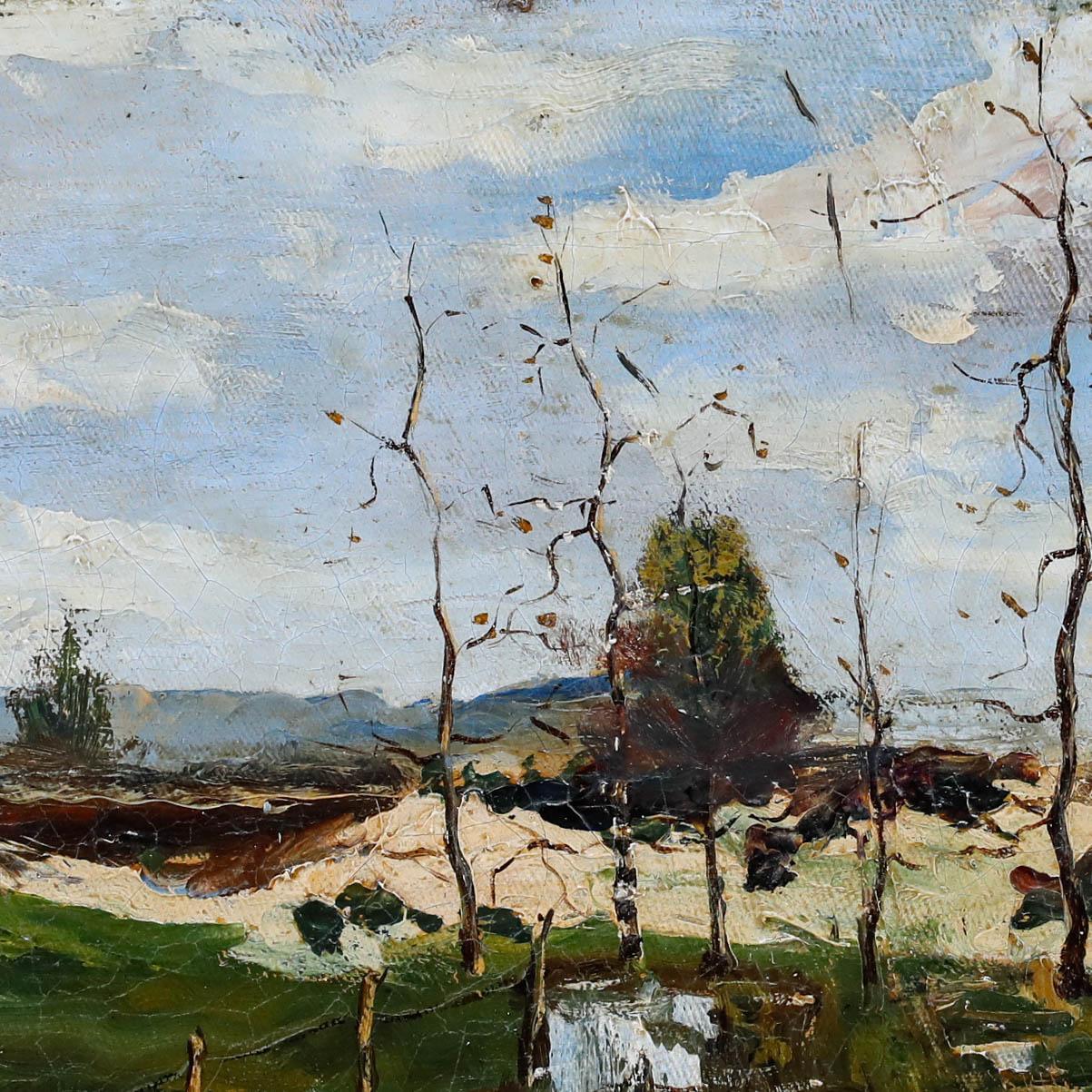 Framed Mid 20th Century Oil - Country Landscape - Gray Landscape Painting by Unknown