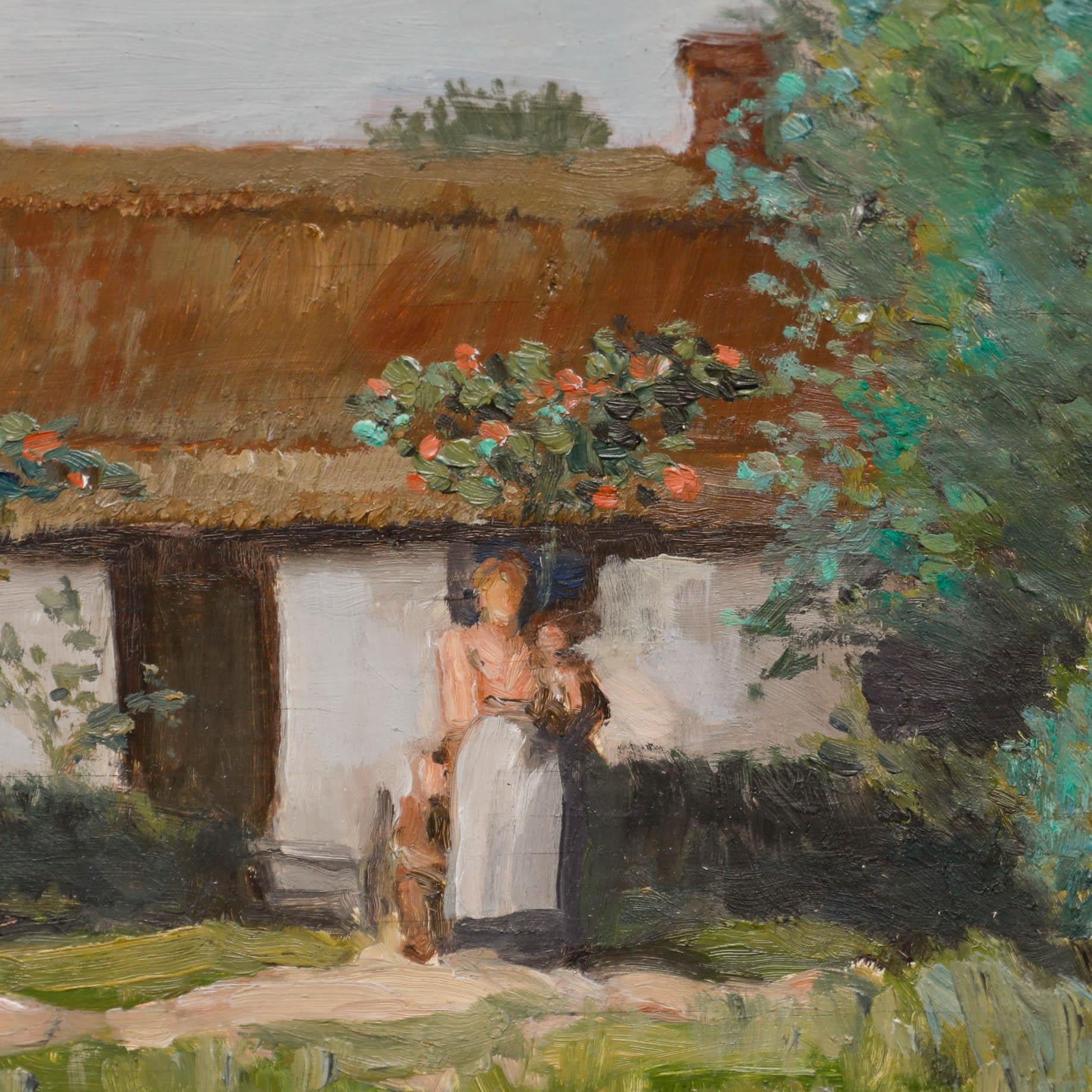 Una encantadora representación de una joven familia frente a su casa de campo en verano. Presentado en un bonito marco de roble teñido. En el panel.