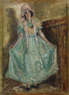 Framed Mid 20th Century Oil - Curtsy in the Green Dress