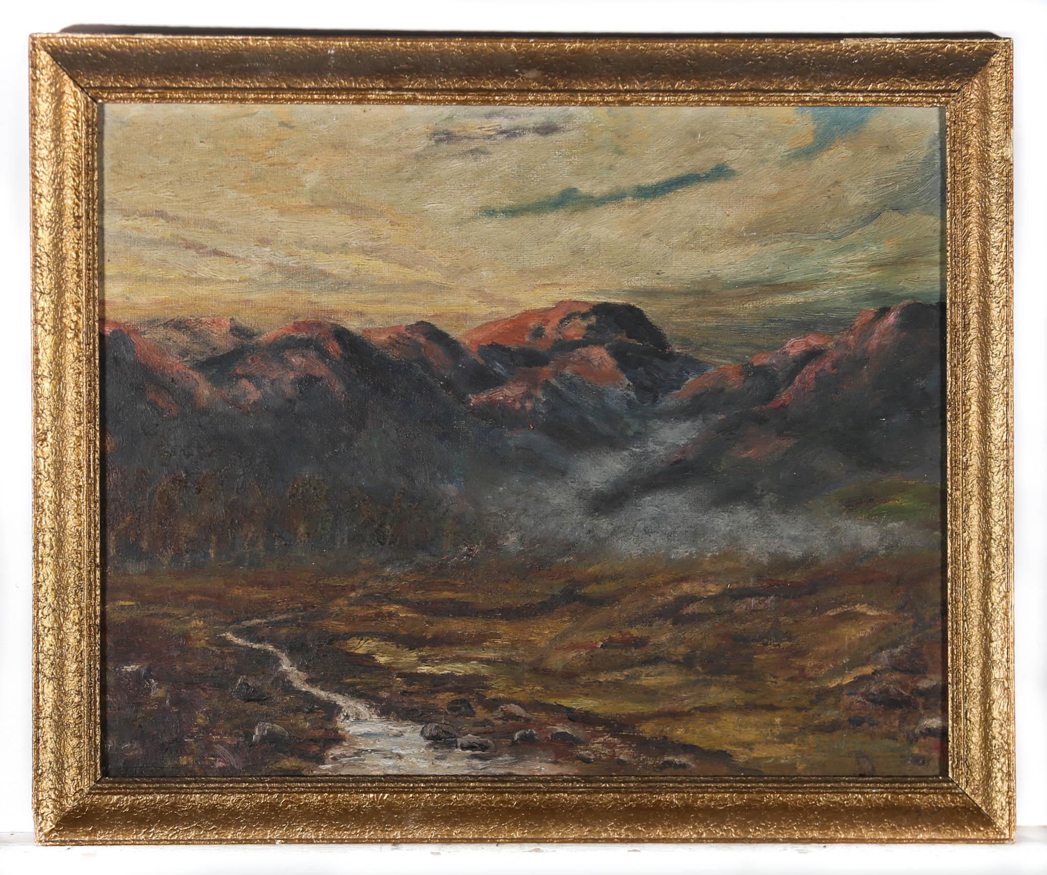 A dramatic mountain view with areas of textured impasto. Well-presented in a foil-effect frame with the title and artist signature illegible verso. On canvas board.
