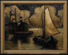 Olio incorniciato della metà del XX secolo - Dockland di notte