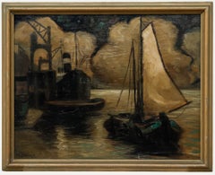 Olio incorniciato della metà del XX secolo - Dockland di notte