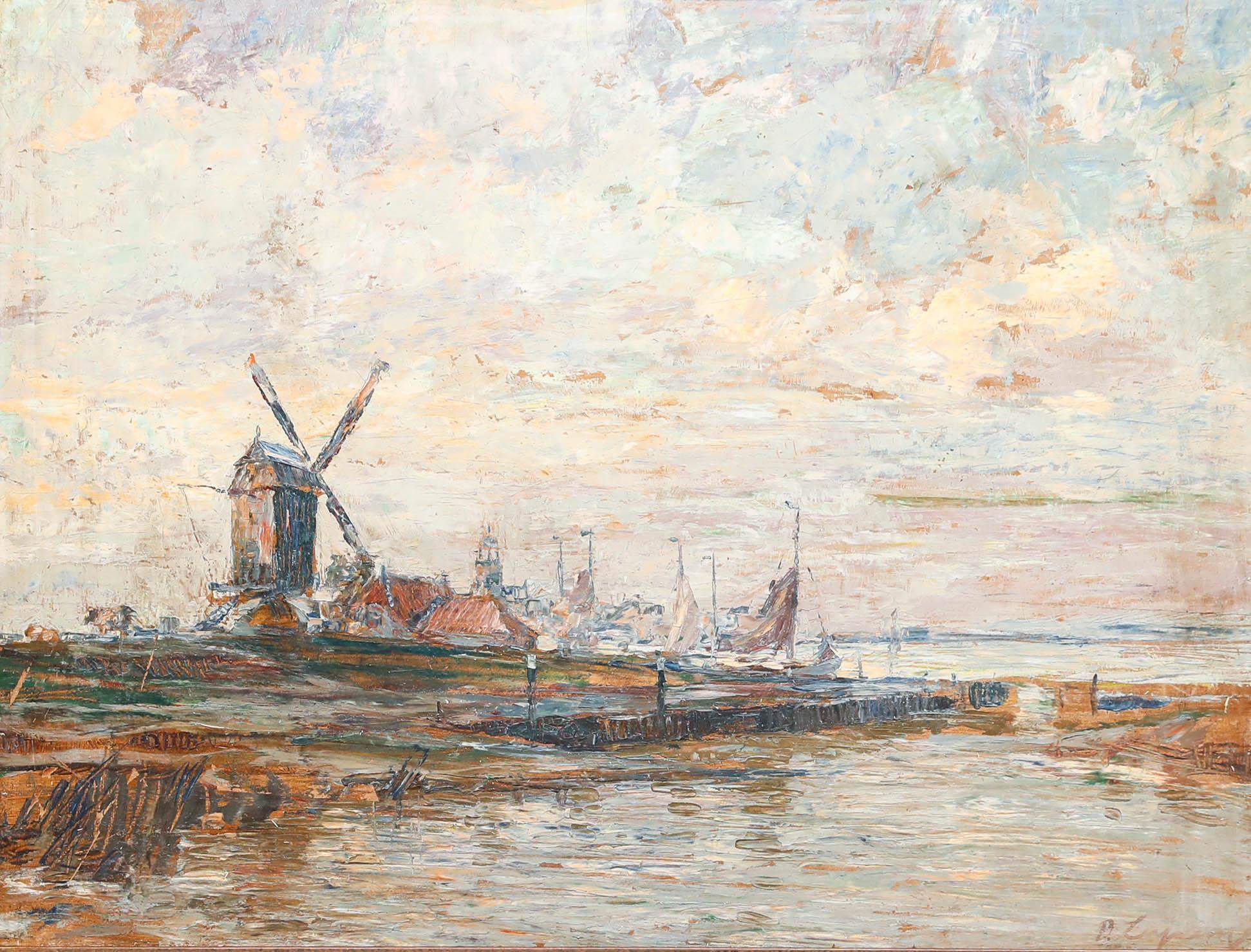 Framed Mid 20th Century Oil - Dutch Sunset - Painting by Unknown