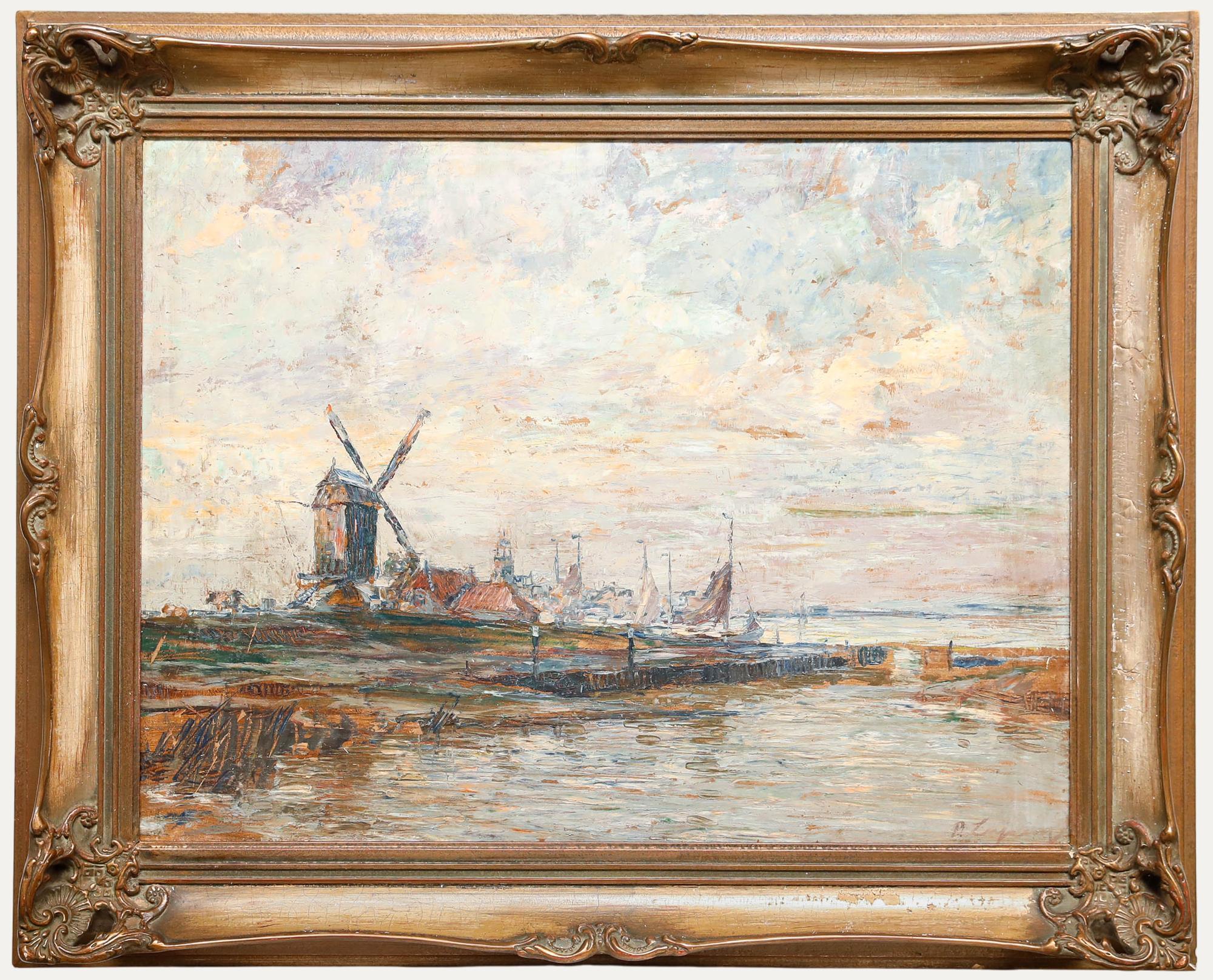 Unknown Landscape Painting - Framed Mid 20th Century Oil - Dutch Sunset