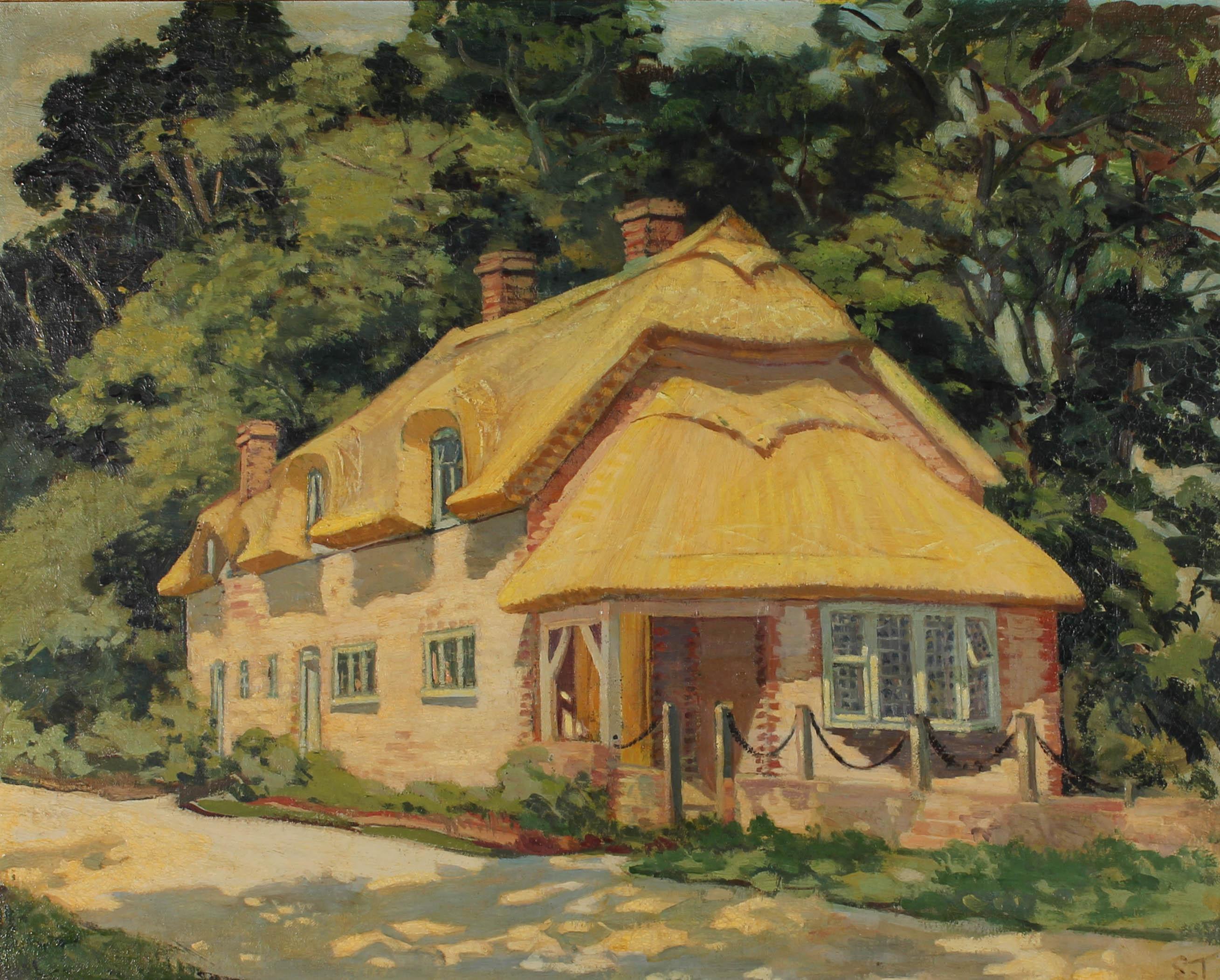Framed Mid 20th Century Oil - Estate Cottage - Painting by Unknown