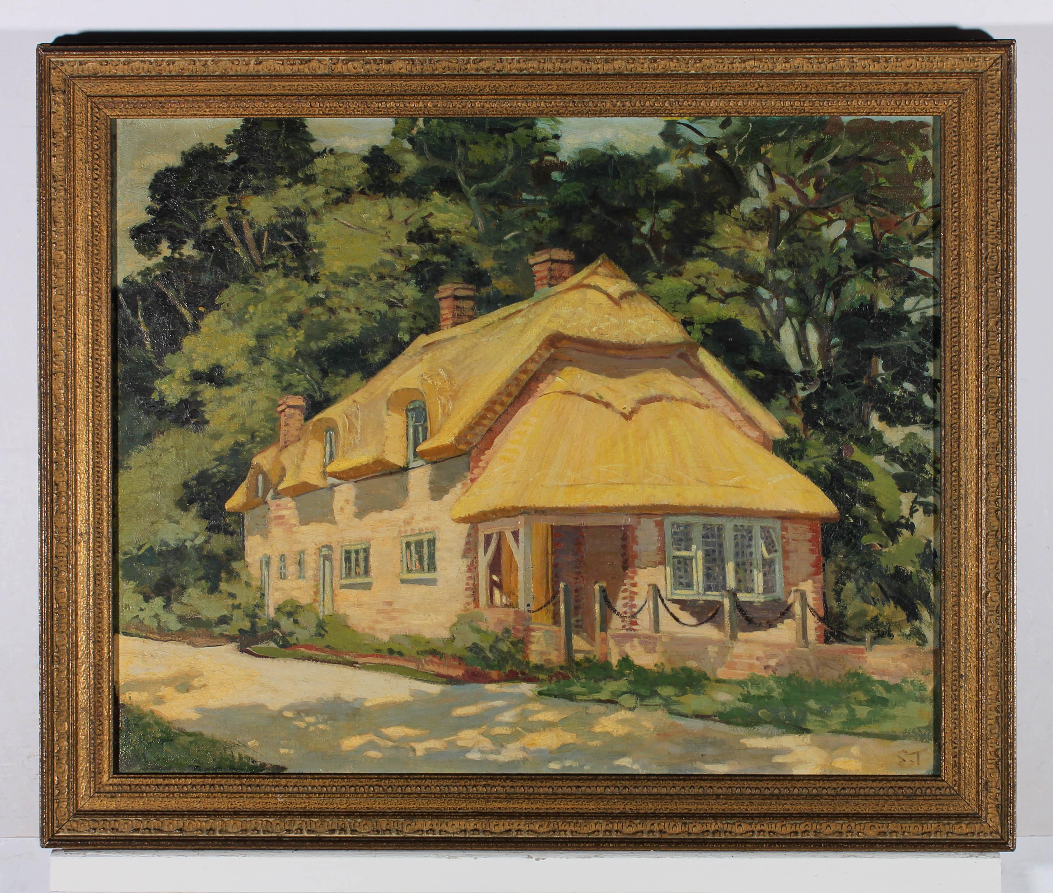 A charming, English school, oil study of a newly thatched cottage tucked away in a grand country house estate. Initialled to the lower right-hand corner, S.T. Beautifully presented in a complementing dark bronze colour frame, with textured patterned
