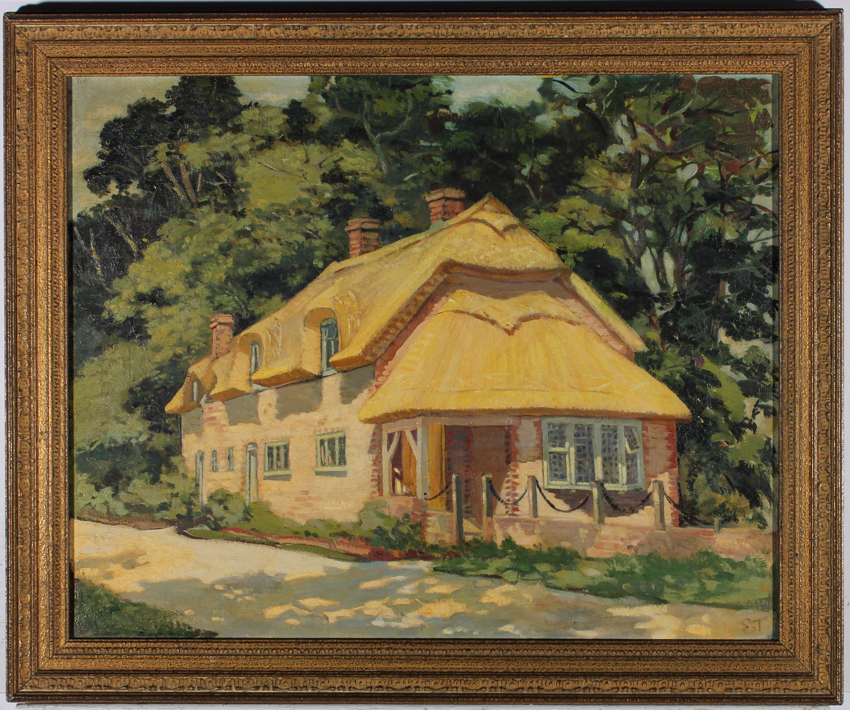 Unknown Landscape Painting - Framed Mid 20th Century Oil - Estate Cottage