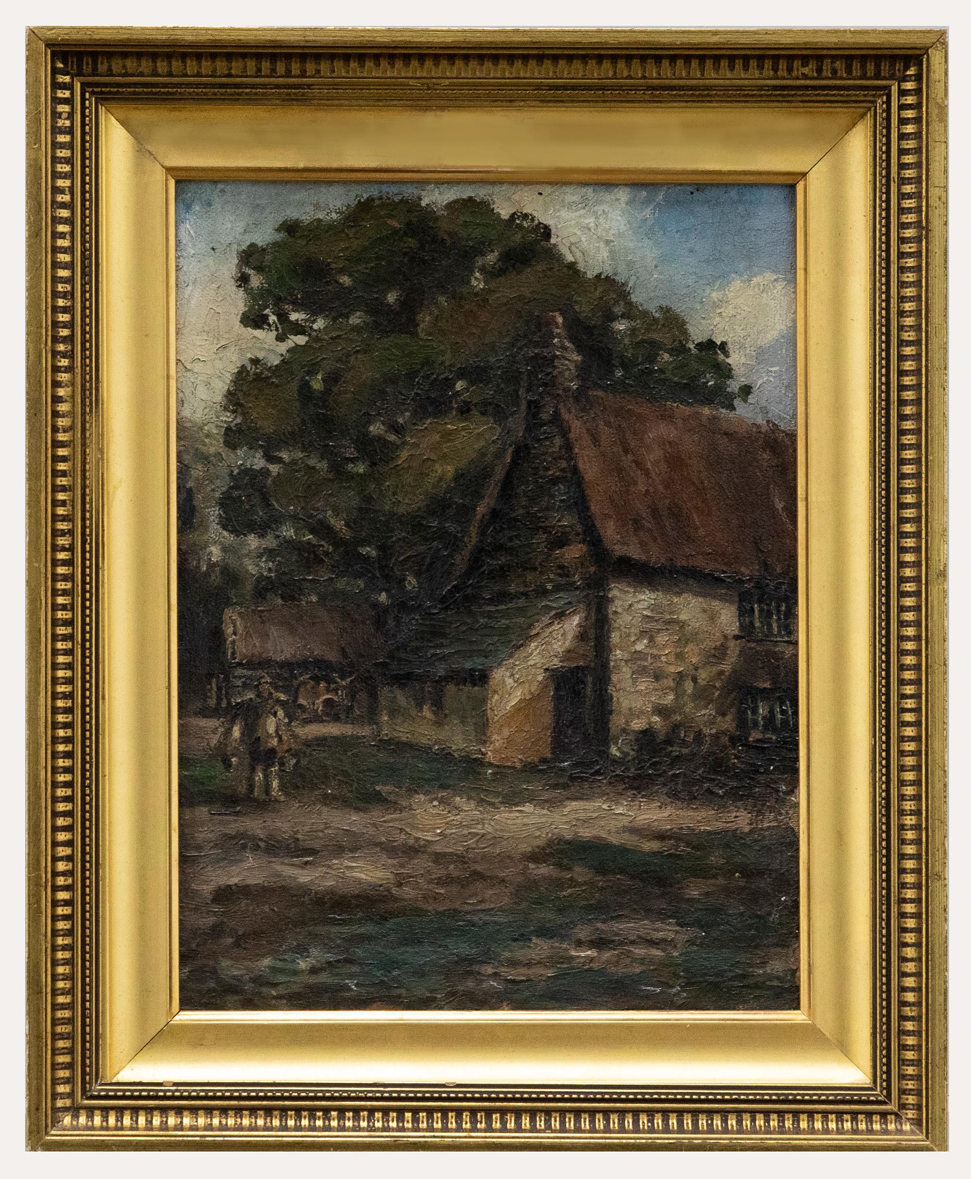 Unknown Landscape Painting - Framed Mid 20th Century Oil - Fetching the Water