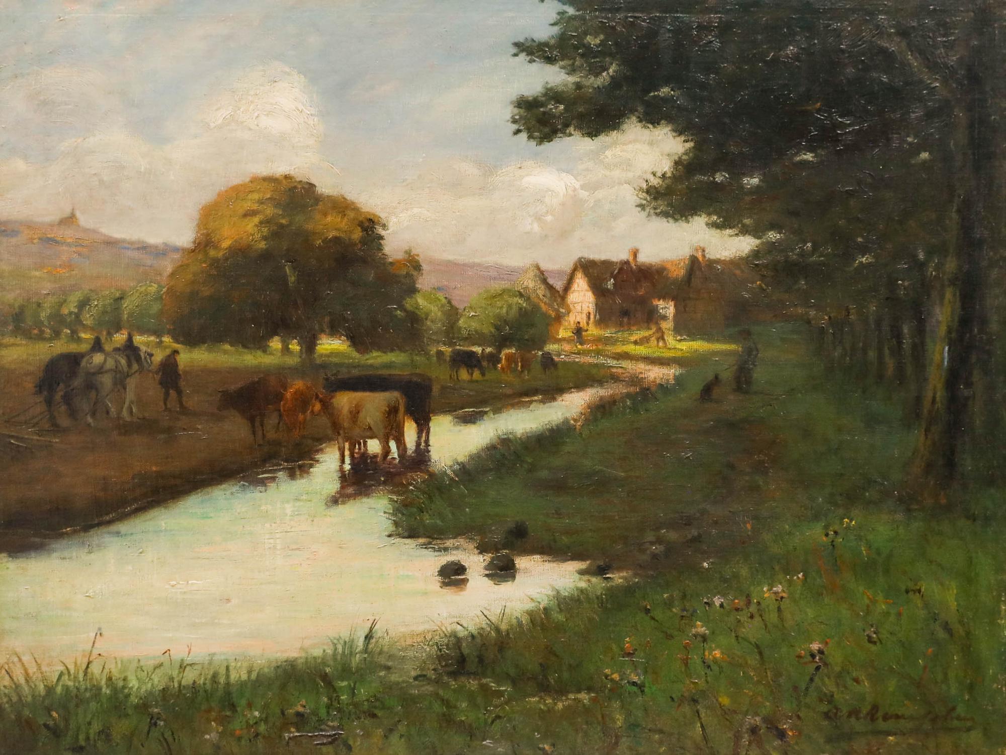 Framed Mid 20th Century Oil - Finishing for the Day - Painting by Unknown
