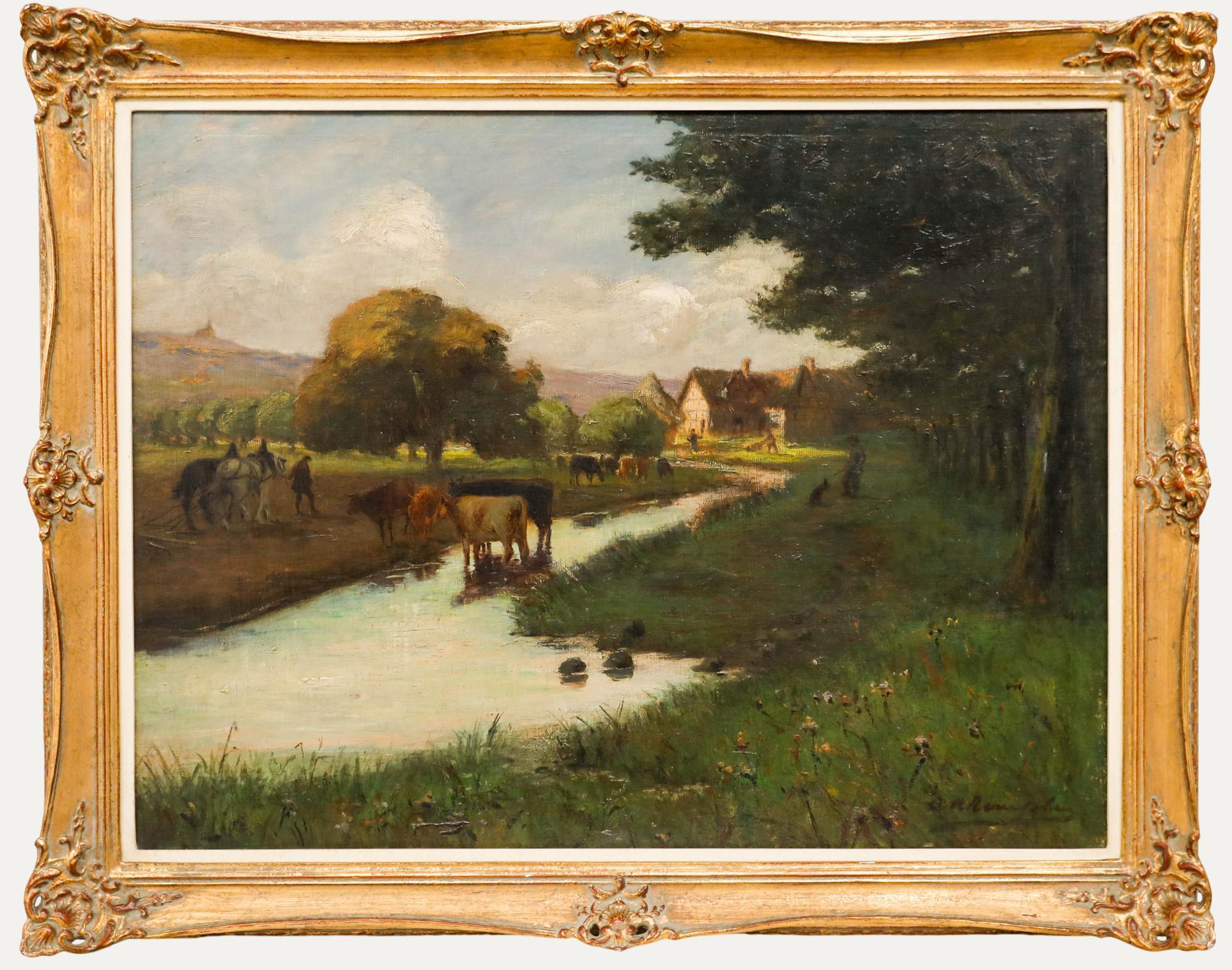 Unknown Landscape Painting - Framed Mid 20th Century Oil - Finishing for the Day