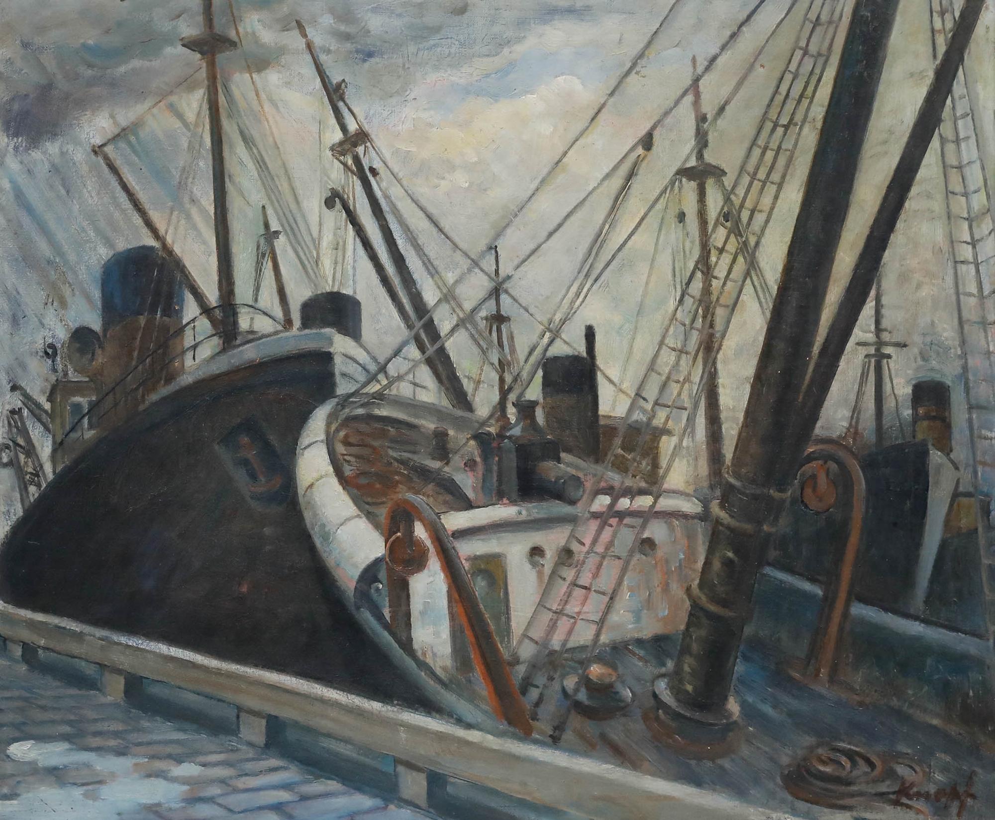 Framed Mid 20th Century Oil - Fishing Boats - Painting by Unknown