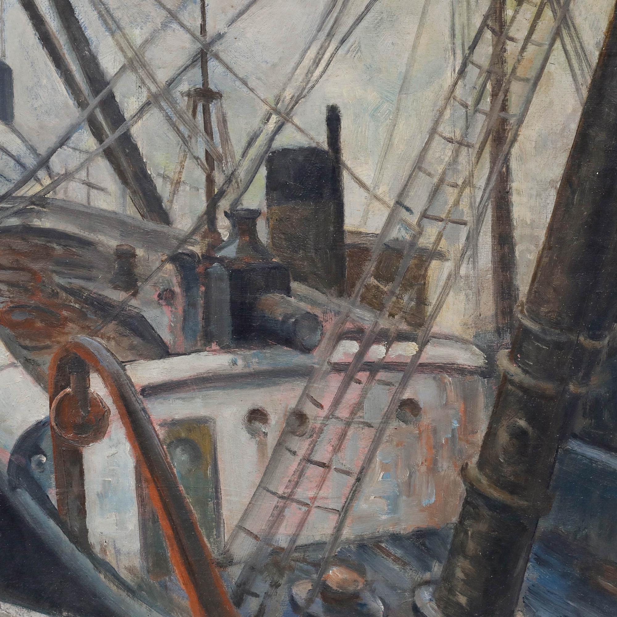 This evocative painting captures the bustling atmosphere of a harbour, with ships crowded together at dock under a moody sky. The artist employs a muted colour palette and expressive brushstrokes to convey the industrial character of the vessels,