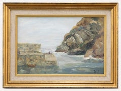Framed Mid 20th Century Oil - Fishing from the Harbour Wall