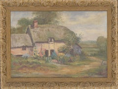Retro Framed Mid 20th Century Oil - Floral Thatched Cottage
