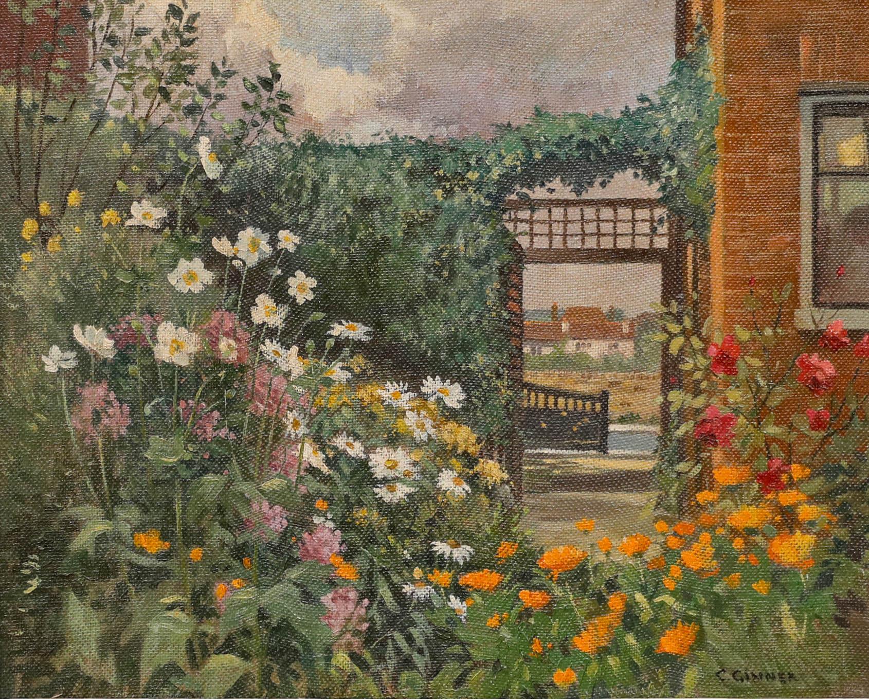 Óleo enmarcado de mediados del siglo XX - Jardín de flores - Painting de Unknown