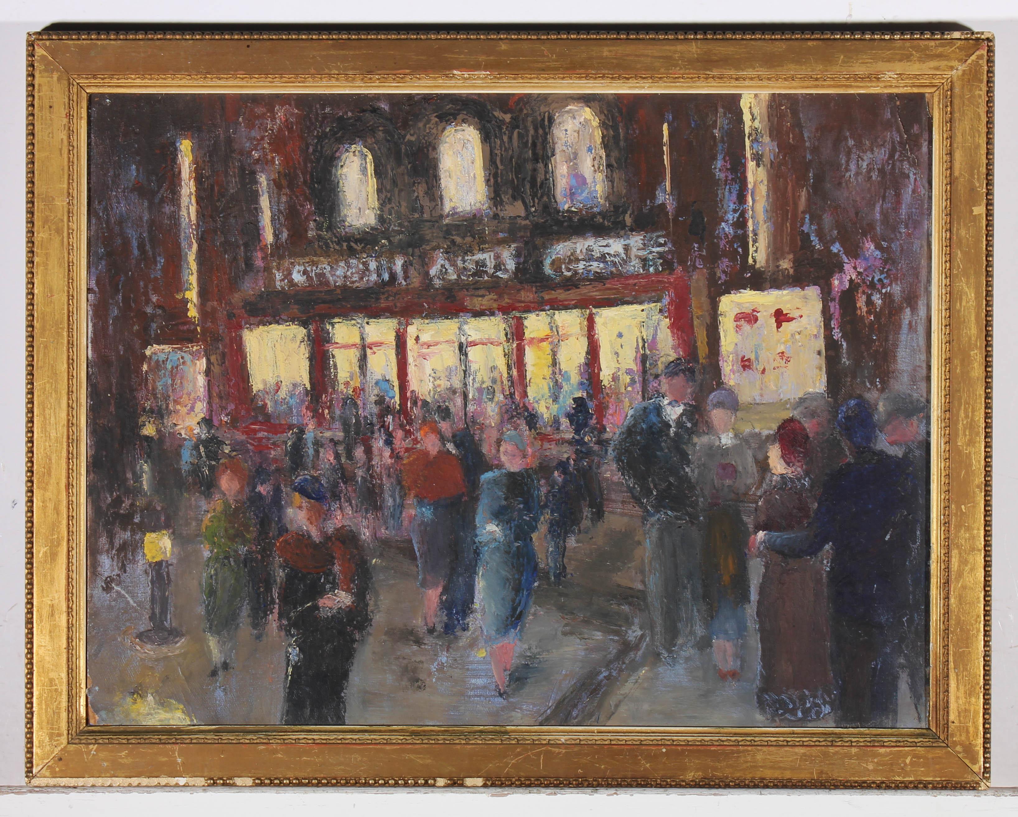 A wonderfully engaging, impressionist oil with areas of impasto and bold colour. The artist has depicted a bustling nightlife scene, with figures conversing on the street outside a theatre. This painting is well presented in a toned gilt frame with