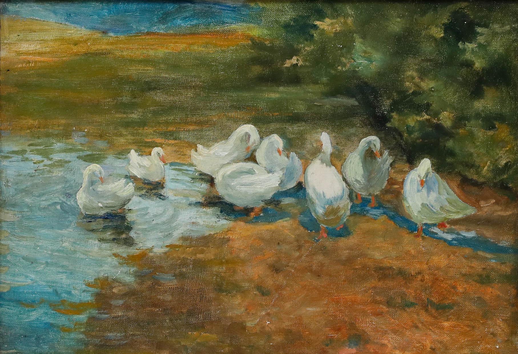 Framed Mid 20th Century Oil - Geese on the River bank - Painting by Unknown