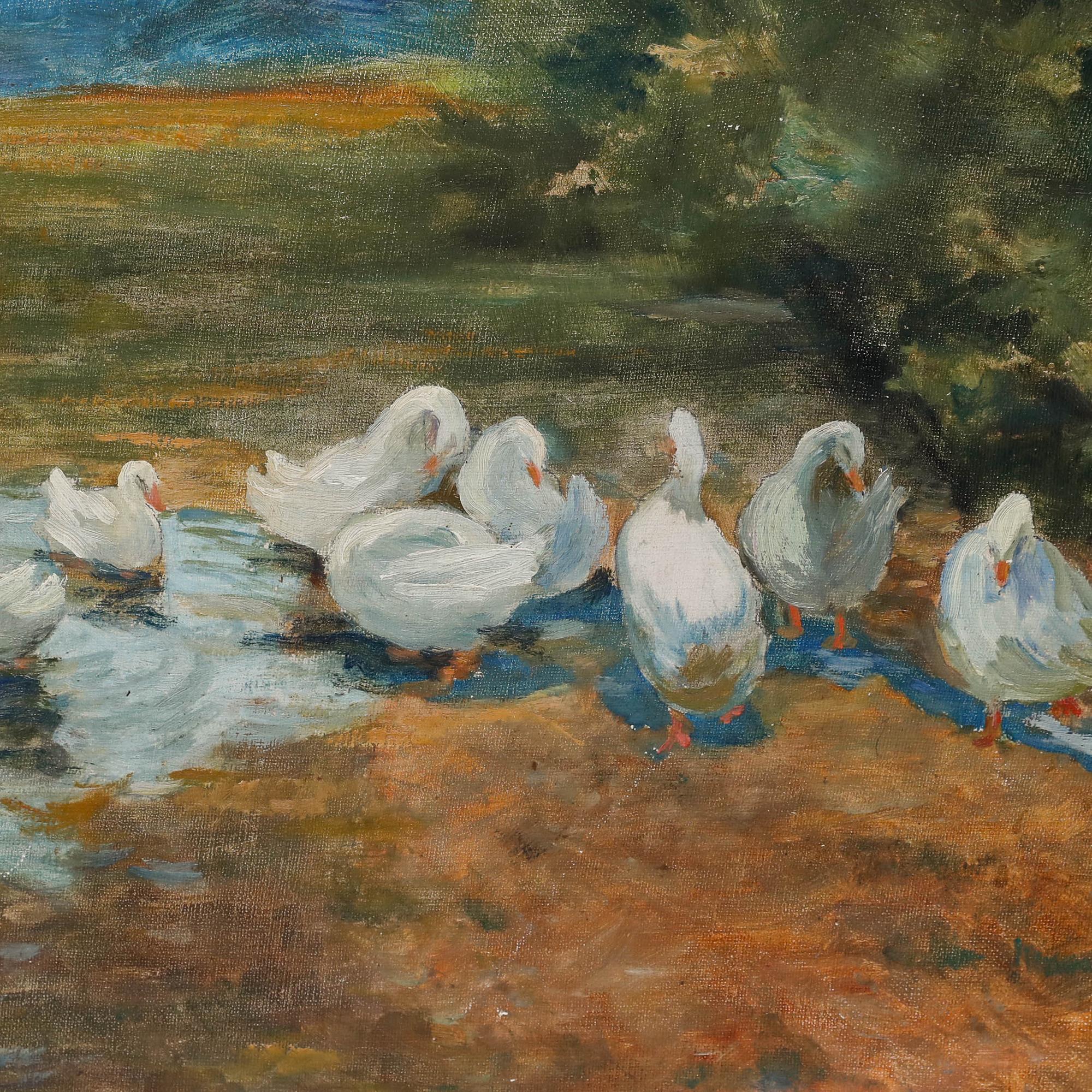 This serene oil painting captures a group of white geese gathered at the edge of a tranquil pond. The artist's use of soft, impressionistic brushwork creates a harmonious blend of water, land, and sky, evoking a peaceful rural scene bathed in warm